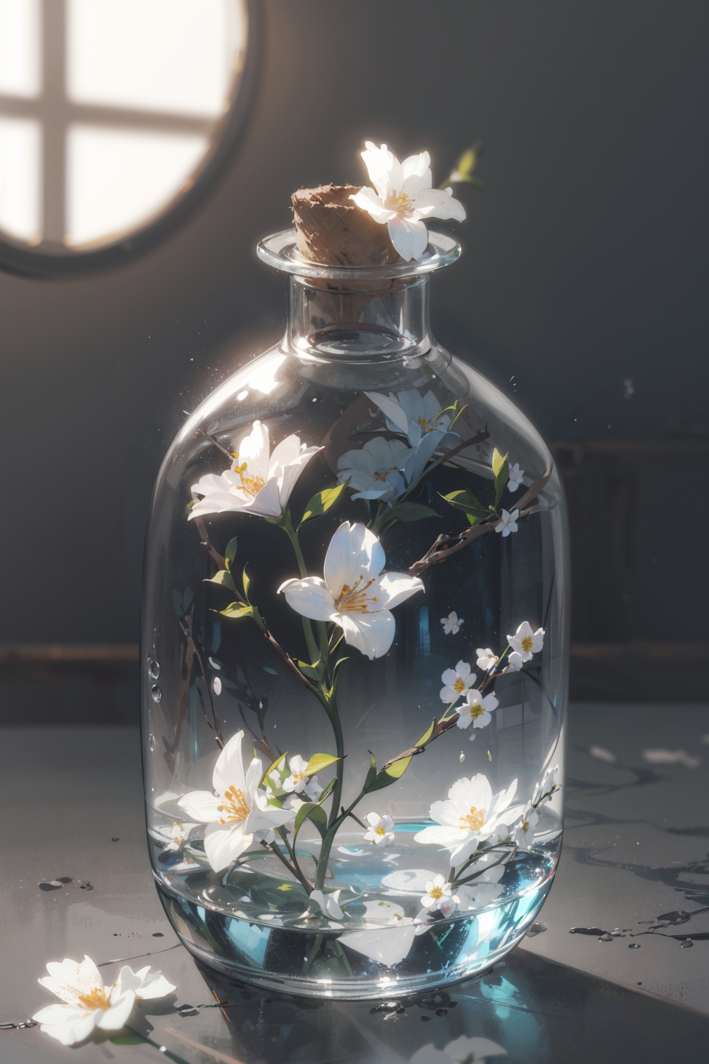 masterpiece,best quality,(ray tracing,cinematic lighting),glass bottle,close-up,white flower,blurry background,grey background,blurry foreground,simple background,