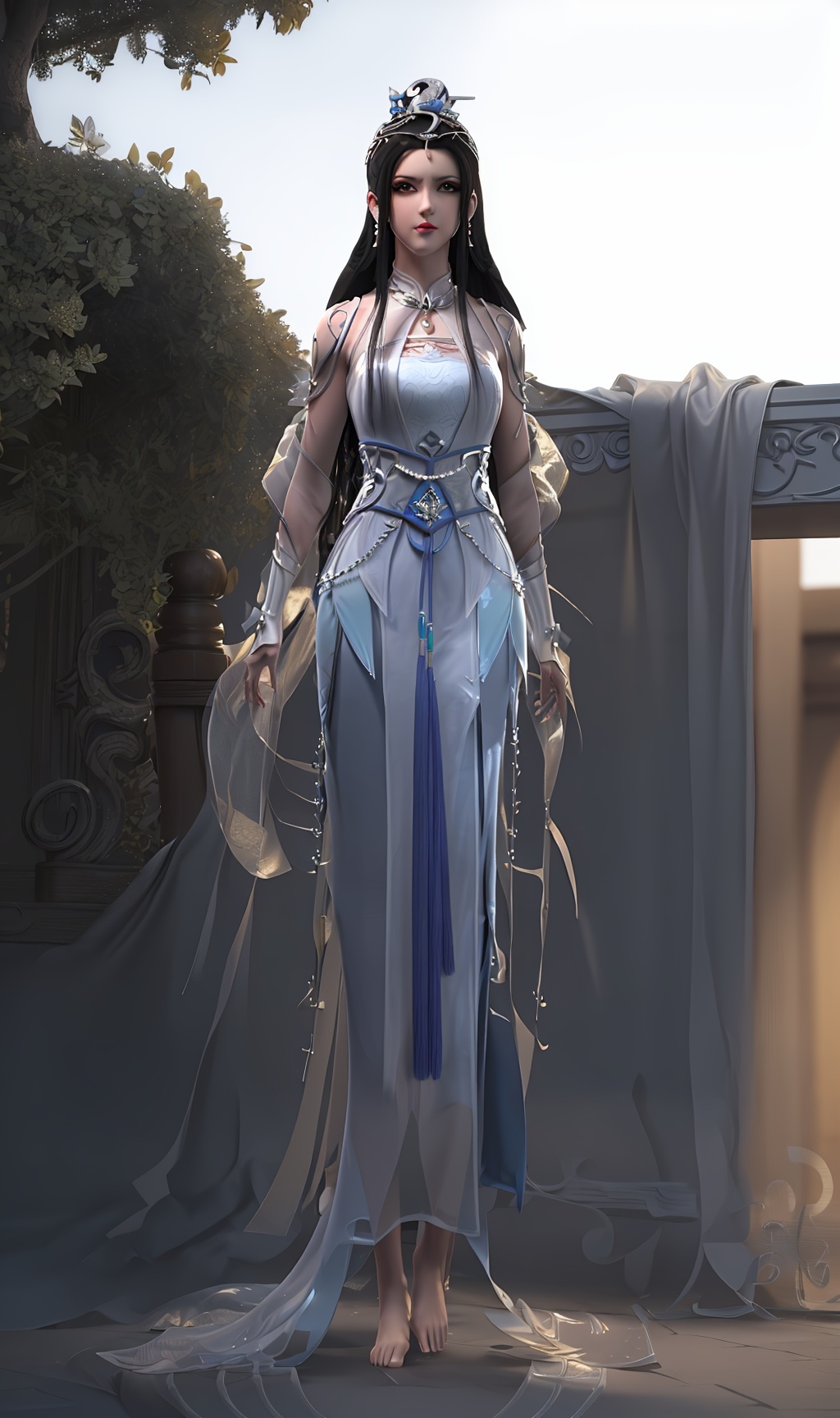 3D,masterpiece,(best quality),(makeup),official art, extremely detailed cg 8k wallpaper,((crystalstexture skin)), (extremely delicate and beautiful),(highly detailed),(face),(headdress),(veil),(1girl), (solo), (jewelry), (earrings),(black_hair),(long_hair),(hair_ornament),(handwear),(silk_ribbon),(breast),(wristband),(standing),,,((full_body,whole_body)),(long_dress,long_skirt),(chinese_clothes),(multicolored_clothes),(multicolored_dress),(shiny_clothes:),(long_legs),((closed_mouth)),(sunshine, outdoor,bed),((looking_at_viewer)),((Facing the camera)),(barefoot), (anklet),, <lora:hipoly3DModelLora_v10:0.3>