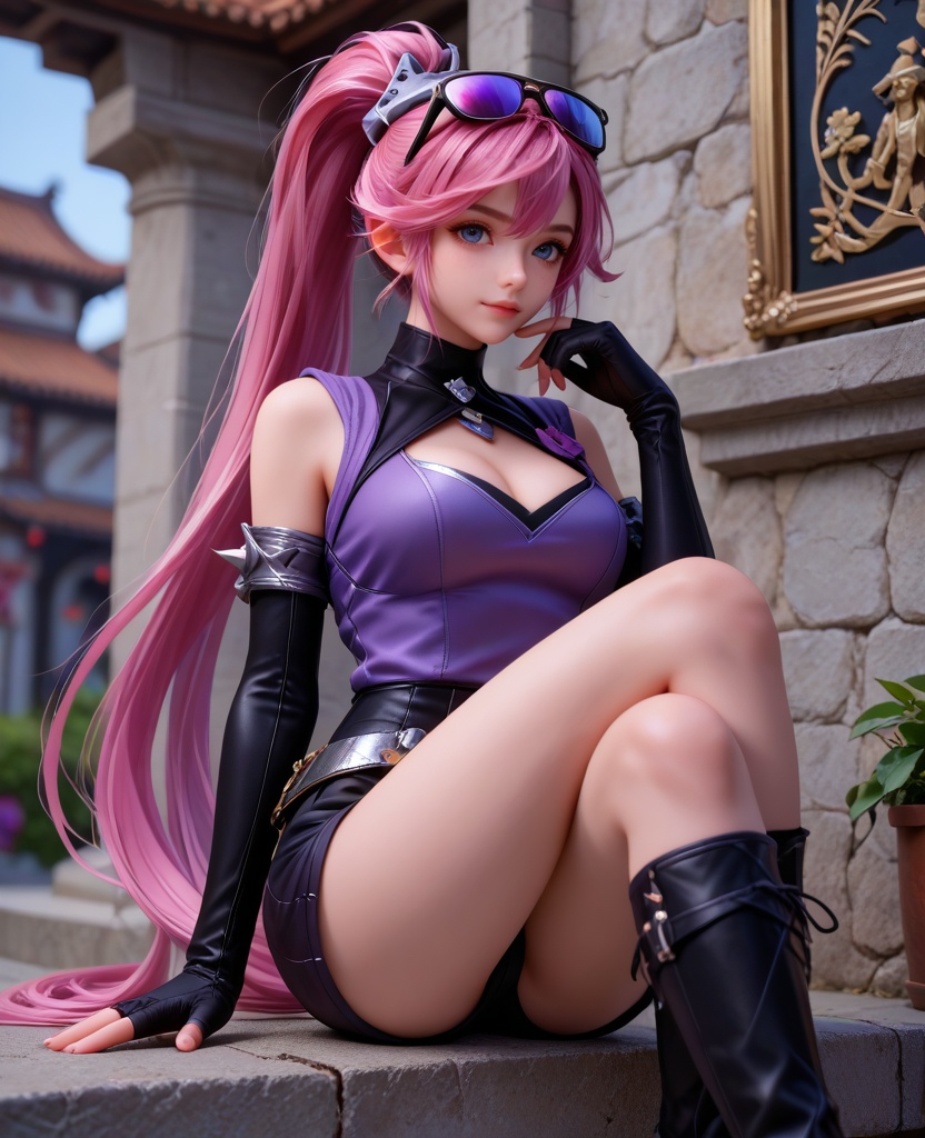 (oriental architecture, elegant decor, sophisticated style:1.1),(Leaning against a wall, legs crossed at the ankles,:1.1),(large breasts:1.2),<lora:XL16王者荣耀孙尚香杀手不太冷:0.95>,miss sunshangxiang,violet vest,black shorts,blue eyes,ponytail,violet dip-dye for pink hair,absurdly long hair,eyewear on head,black elbow gloves,black thigh boots,belt,medium breasts,, score_9,score_8_up,score_7_up,score_6_up,score_5_up,score_4_up,3d rendering,tag1,tag2, Cinematic Lighting,backlighting,, zPDXL3, zPDXL2,zPDXL, zPDXLxxx, zPDXLrl,