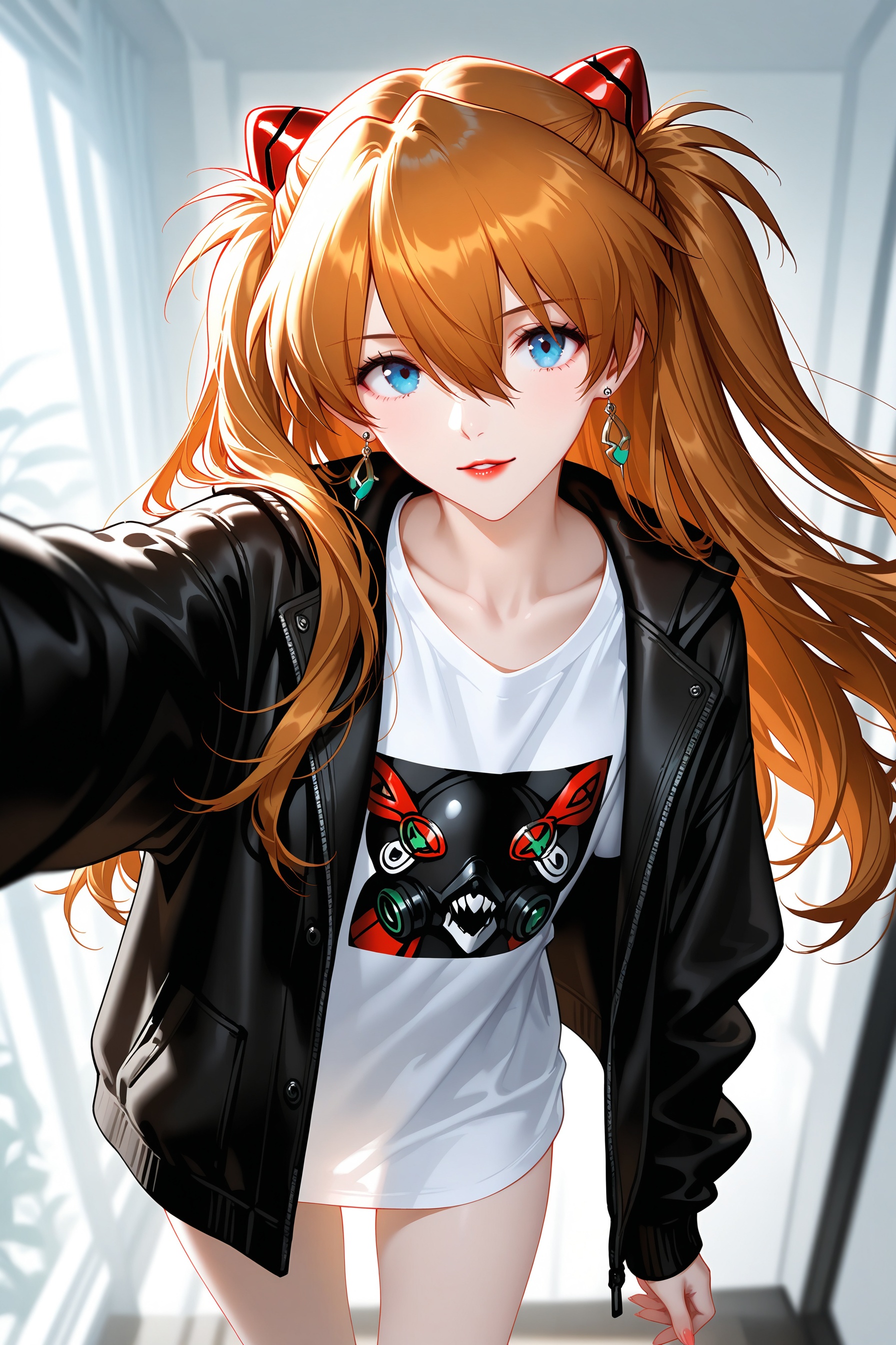 masterpiece,best quality,amazing quality,very awa,very aesthetic,absurdres,highres,high detail,detailed background,dynamic pose,skindentation,ultra-detailed,beautiful face,beautiful eyes,1girl,solo,eyelashes,collarbone,hair ornament,jewelry,earrings,light smile,(alternate costume:1.3),red lips,parted lips,looking at viewer,wide shot,black vinyl  jacket,t-shirt,(Asuka Langley Soryu,red hair,twintails),[disheveled hair,messy hair],