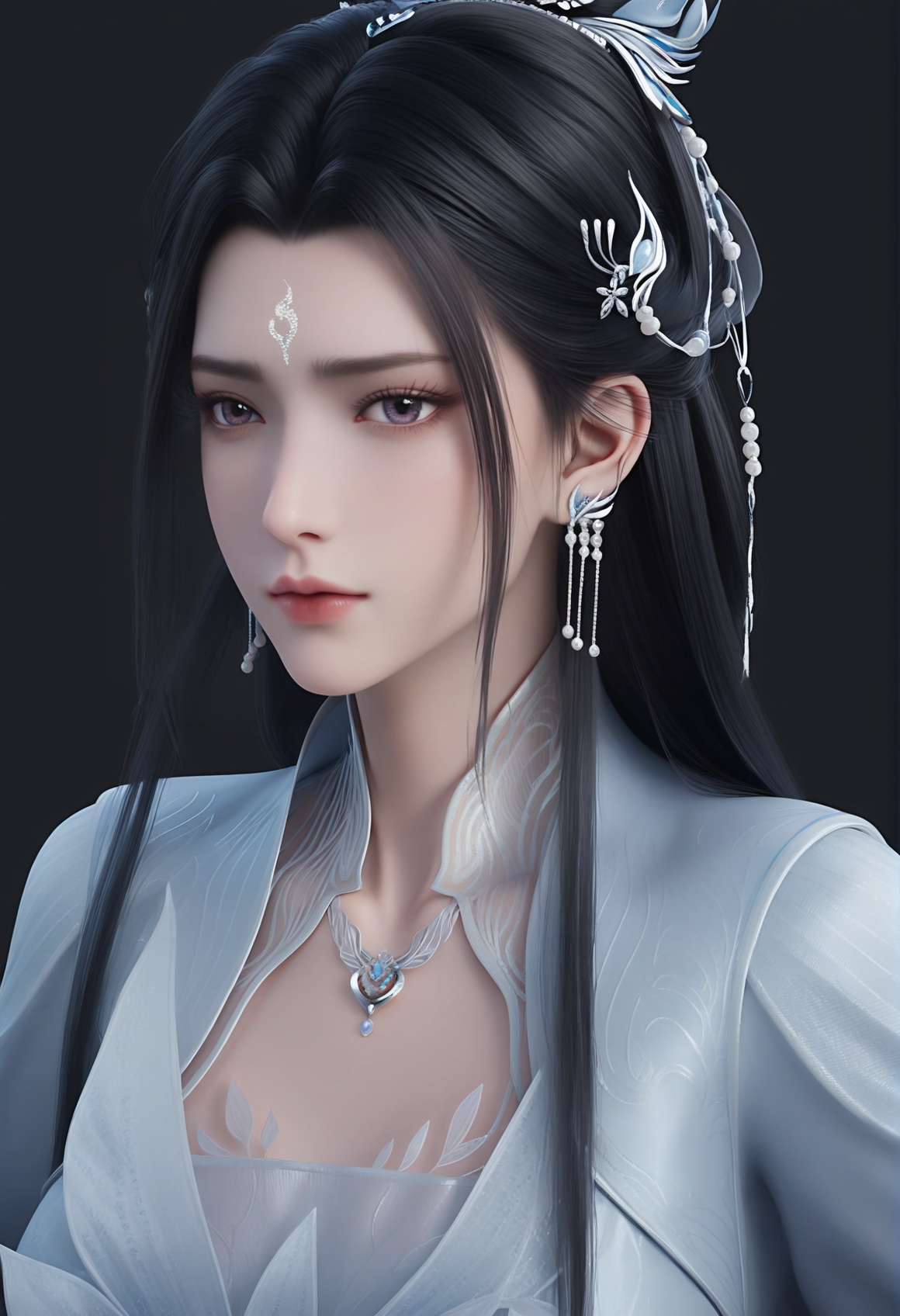 (score_9),<lora:陆雪琪2-Apony:0.8>,luxueqi,long hair,black hair,hair ornament,hair bun,updo,earrings,forehead mark,dress,jewelry,necklace,hair ribbon,belt, light blush,looking at viewer,front view,1girl,solo,(mature_female),<lora:Expressive_H-000001:0.8>,collarbone,(glamor:1.2),(white_skin),(fair_skin:1.1),<lora:e肤色滑块:0.35>,ultra-detailed skin texture,detailed textures,BREAKsimple background,(black background),