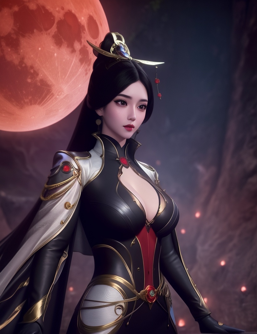 <lora:510-DA-万古狂帝-秋清儿:0.8>(,1girl, ,best quality, ),looking at viewer,  ,,ultra detailed background,ultra detailed background,ultra realistic 8k cg,, ,masterpiece, (( , )),, ,science fiction,mole, ,    ,red moon, black rose,     (cleavage), (),