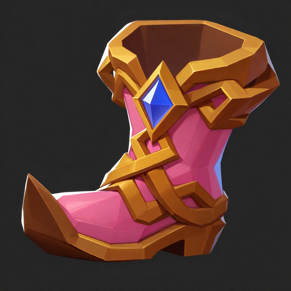 best quality,masterpiece,ultra high resolution,full composition,A brown-orange boot with upturned pointed toe,surface featuring geometric carvings and floral reliefs,central oval sapphire blue gemstone framed by golden borders with pink dot accents,side circular pink gemstone clusters,golden eyelet rings along the shaft,pure white background central composition with boot occupying 70% frame height,<lora:T2-bb:0.85>,ywbo,game_icon,