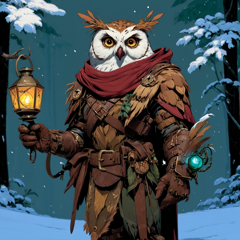 D&D Painterly,  The image shows an owl wearing a costume and holding a lantern in the snow surrounded by trees and plants....