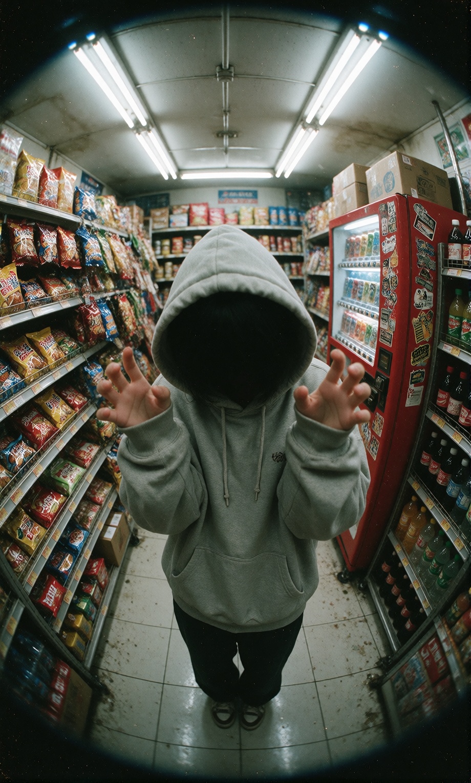 early 1990s grainy candid photograph,  a faceless figure wearing an oversized light gray hoodie with the hood pulled up,...