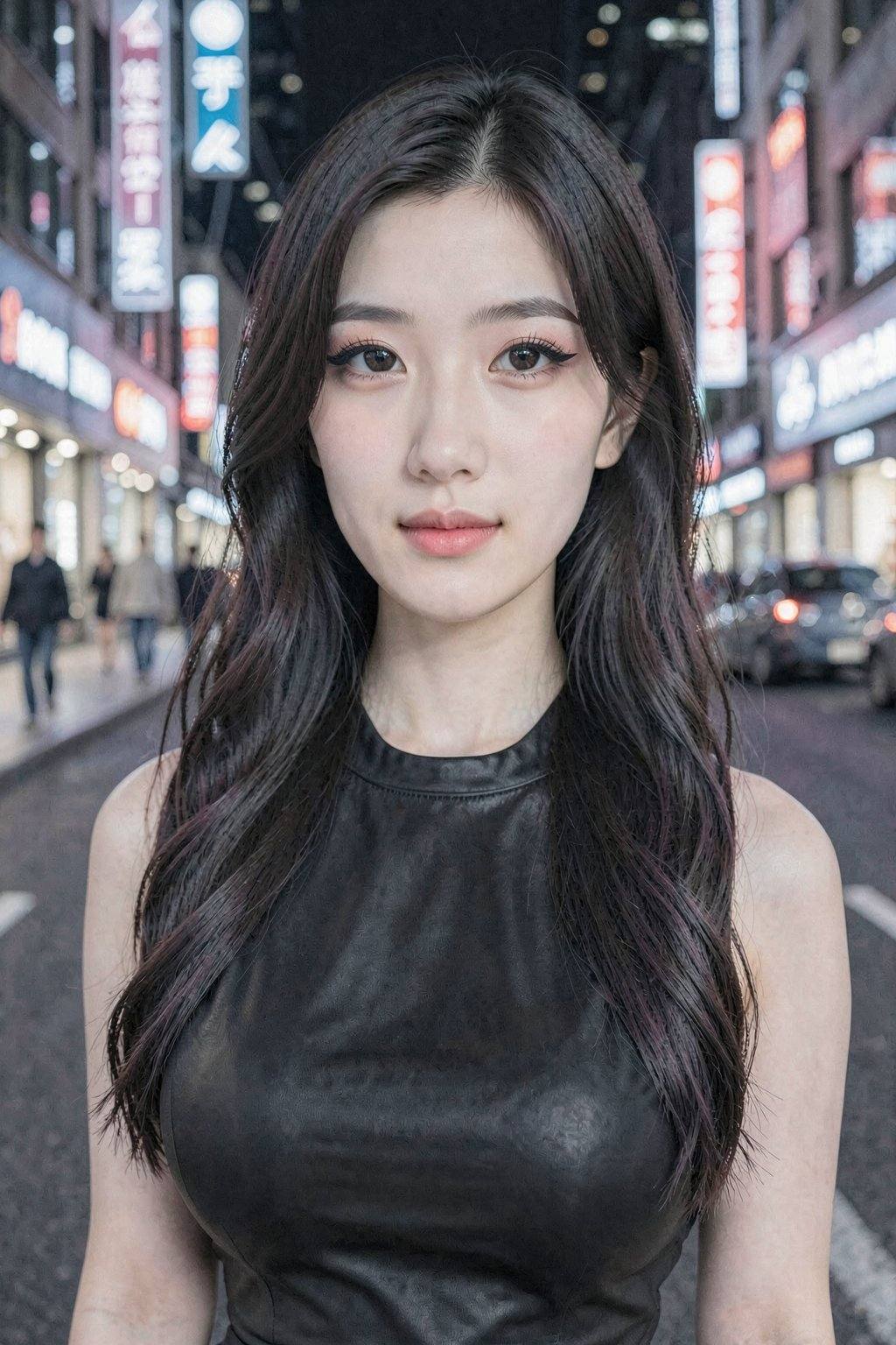 The image is a highly detailed CGI rendering of a young Asian woman with a fair complexion and long, wavy dark brown hair that cascades over her shoulders. Her hair has a subtle purple hue that catches the light. She has striking, almond-shaped eyes accentuated with thick, winged eyeliner and subtle eyeshadow, and her lips are painted a bright pink. Her expression is neutral, with a slight hint of a smile. She is wearing a black, sleeveless halter top made of a shiny, possibly leather-like material, which highlights her slender shoulders and collarbone. The background is a nighttime cityscape, with blurred lights from neon signs and streetlamps creating a vibrant, urban atmosphere. The blurred figures of pedestrians and a few cars can be seen in the distance, suggesting a busy street. The cityscape is a mix of modern architecture with various signs and storefronts, adding to the bustling urban feel. The image has a high level of detail, with smooth textures and realistic lighting, capturing the essence of a contemporary, urban setting.