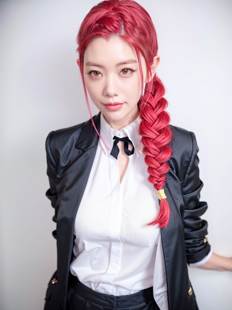 1girl,makima \(chainsaw man\),solo,necktie,braid,looking at viewer,red hair,shirt,black necktie,yellow eyes,braided ponytail,white shirt,formal,suit,breasts,collared shirt,long hair,sidelocks,arms behind back,ringed eyes,smile,lips,jacket,grey background,simple background,coat,upper body,black jacket,black coat,pants,closed mouth,black pants,