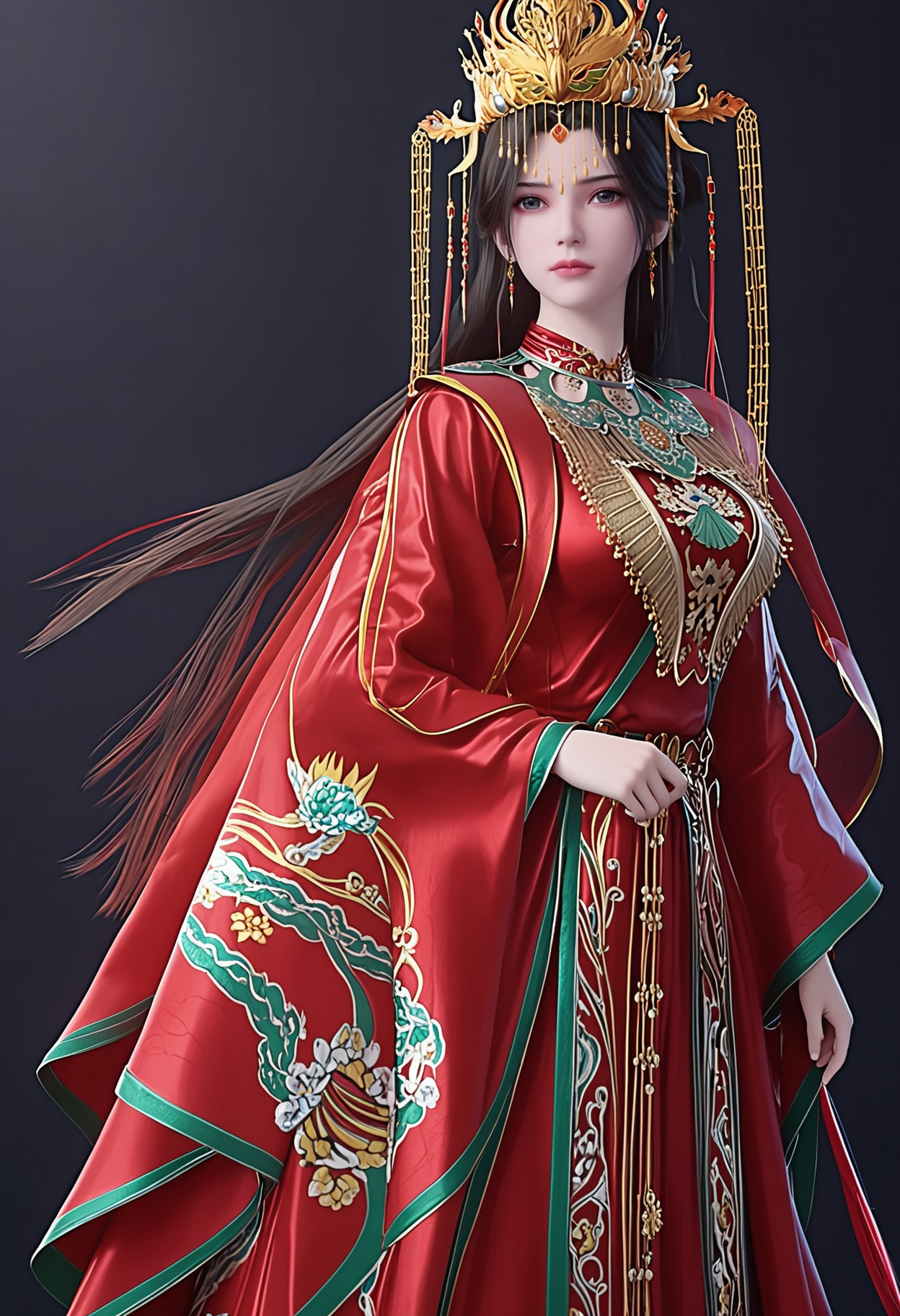 score_9,looking_at_viewer,cowboy shot,large breasts,1girl,solo,long hair,chinese clothes,jewelry,hair ornament,black hair,dress,closed mouth,red dress,earrings,crown,realistic,long sleeves,brown hair,expressionless,tiara,wide sleeves,headdress,shoes,(simple background,pure black background,black background:1.1),perfect_anatomy,<lora:QQSponylimuwanhunfu:0.8>,