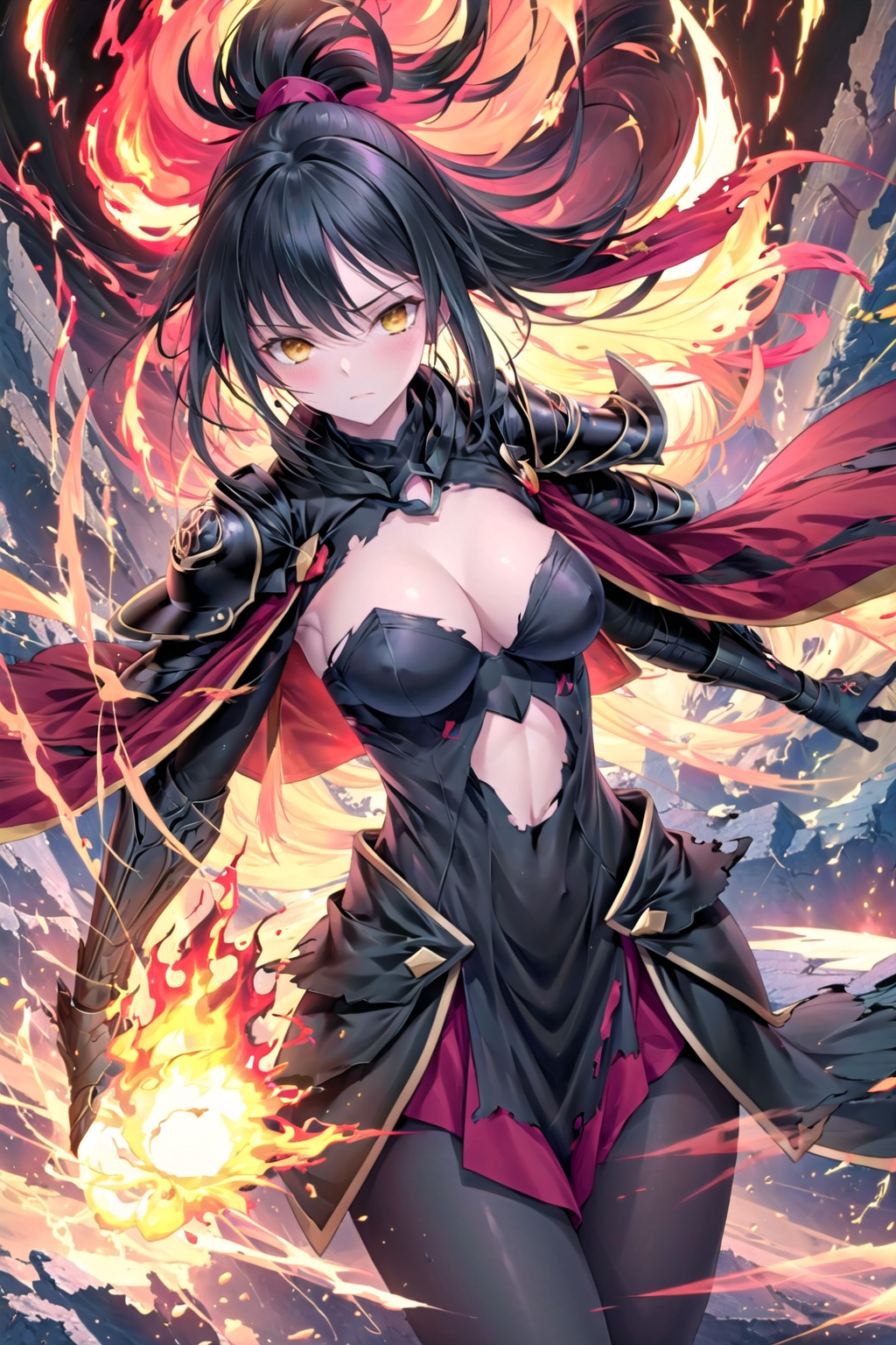 (black obsidian armor:1.17),(exquisite engraved),1 girl,Gray skin,(Long black hair),ponytail,hair cord,(cowboy shot),(cool),cleavage,(detailed light),(an extremely delicate and beautiful),volume light,best shadow,Depth of field,dynamic angle,Oily skin,(torn red cloak<(Powerful explosion and flame)>),(Grey fog, ruins in fog),(yellow carved),(explosion ruins, flying stones),(Velocity line:1.2),(Powerful explosion background),<lora:光崎画风+光影与色彩特化:0.7>,