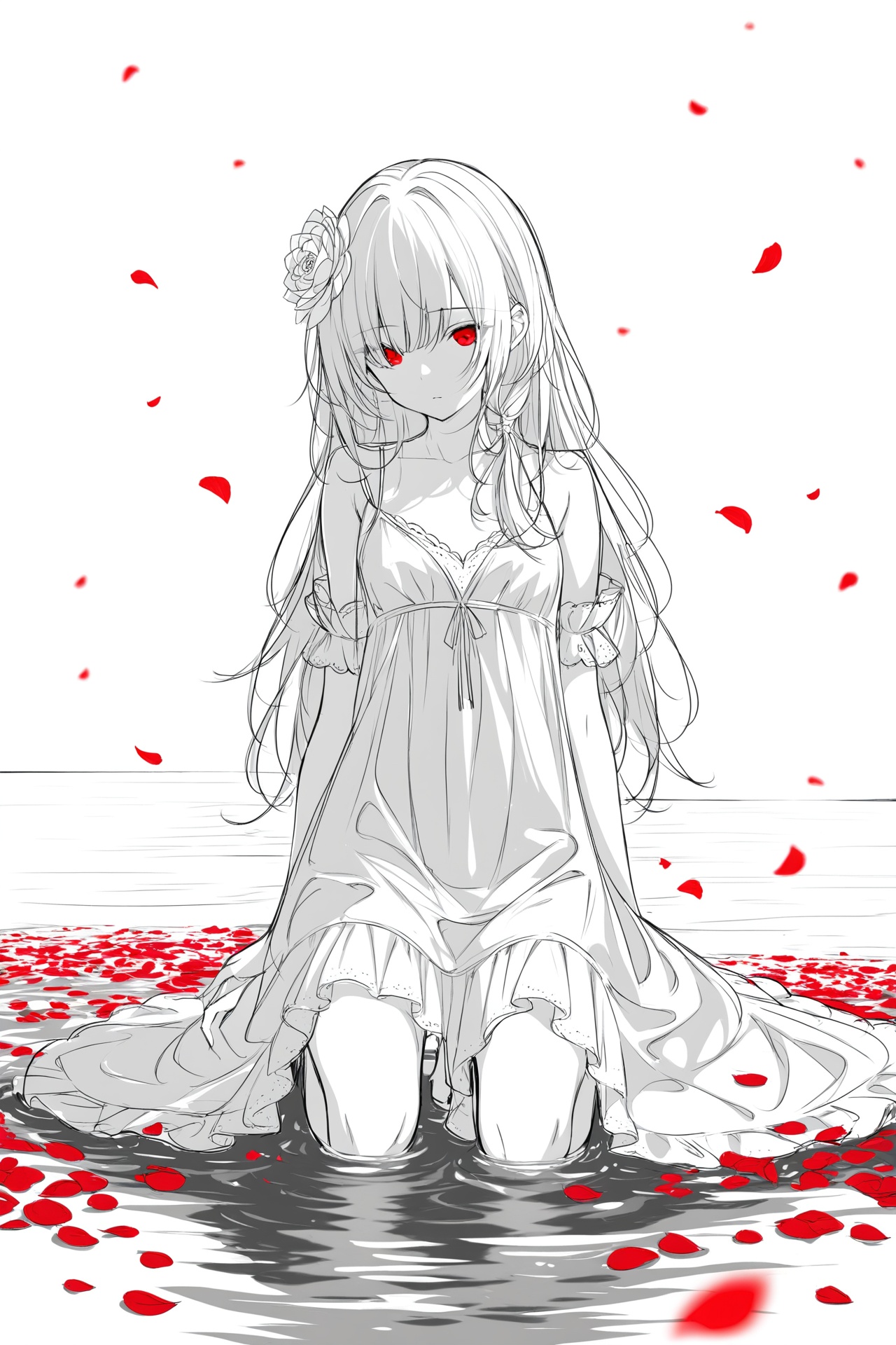 (masterpiece),(best quality),illustration,ultra detailed,hdr,Depth of field,(colorful),1girl,red eyes,white long translucent night gown,expressionless,(white hair),hair cover one eye,long hair,red hair flower,kneeling on lake,blood,(plenty of red petals:1.35),(white background:1.5),(English text),greyscale,monochrome,greyscale,monochrome,sketch,