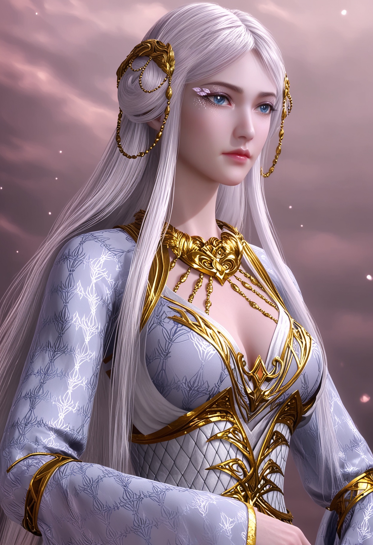 sscore_9,high detail,best quality,cinematic lighting,volumetric lighting,shiny skin,shiny,nsfw,1girl,solo,long hair,breasts,dress,white hair,cleavage,hair ornament,blue eyes,eyelashes,white dress,hair bun,realistic,makeup,jewelry,upper body,gold trim,medium breasts,long sleeves,necklace,wide sleeves,looking_at_viewer,<lora:QQSponybailongV1:0.8>,<lora:Pony_DetailV2.0:0.8>,<lora:皮肤凹痕:0.1>,