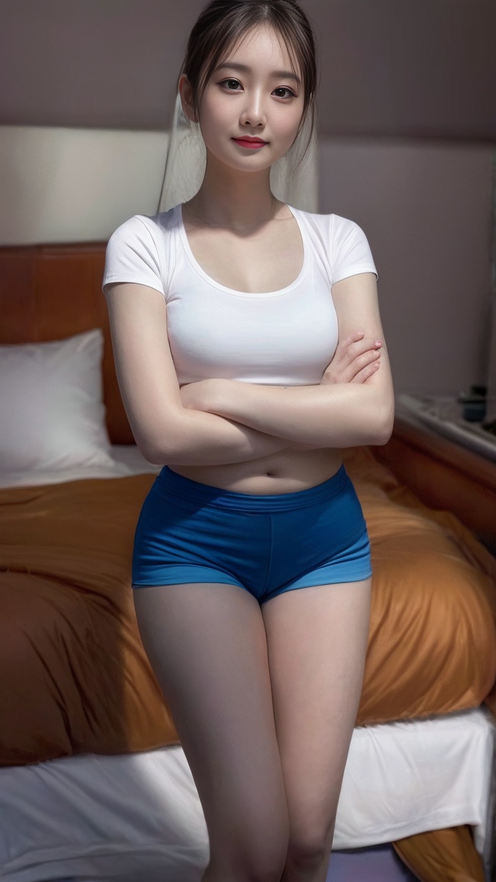 <lora:meinv213:0.8>,1girl,solo,shorts,breasts,shirt,navel,crossed arms,looking at viewer,bed,white shirt,long hair,midriff,short shorts,short sleeves,black hair,pillow,lips,indoors,realistic,on bed,crop top,(medium breasts:1.3),smile,brown eyes,blue shorts,closed mouth,collarbone,t-shirt,Standing,