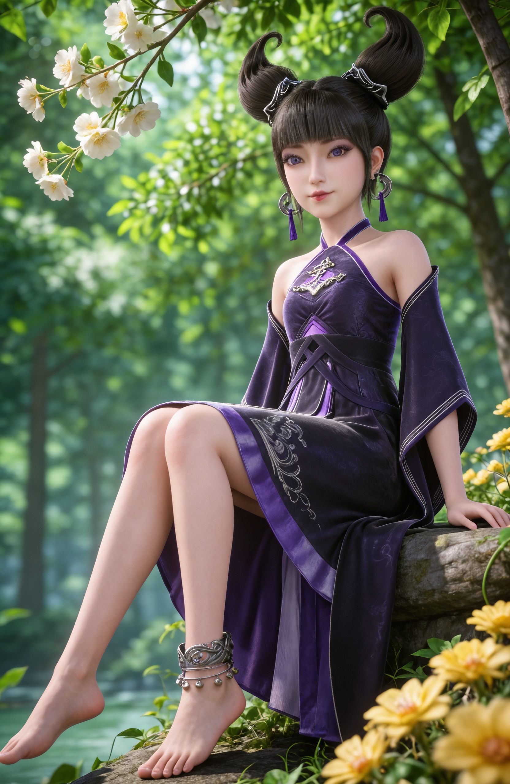 <lora:修罗武神-蛋-蛋-初登场:0.7> 1girl, black hair, purple eyes, lips, hair ornament, earrings, makeup, blunt bangs, bare shoulders, chinese clothes, detached sleeves, purple dress,anklet,  barefoot, toes, realistic style photo,outstanding style,adding a touch of dimension to your images without compromising details,whirls of vapor,ethereal ambiance,delicate details,magical atmosphere,concept art,highly detailed,ultra-high resolution,32K UHD,sharp focus,best-quality,masterpiece,golden hour,unconventional supreme masterpiece,masterful details,temperate atmosphere,with a high-end texture,in the style of fashion photography,magazine style,Dynamic Angle,Dynamic posture,(cowboy_shot:1.2),depth of field,lens flare,extreme aesthetic,masterpiece,best quality,good quality,newest,year 2025,very aesthetic,absurdres,Visual impact,A shot with tension,ultra-high resolution,32K UHD,sharp focus,best-quality,masterpiece,Emotionalization,unconventional supreme masterpiece,masterful details,temperate atmosphere,with a high-end texture,in the style of fashion photography,(Visual impact:1.2),giving the poster a dynamic and visually striking appearance,, 1girl, flower, sitting, solo, blurry, yellow flower, blurry background, outdoors, sunlight, looking at viewer, nature, depth of field, arms at sides, leaf, tree, light rays, plant, feet out of frame, day,