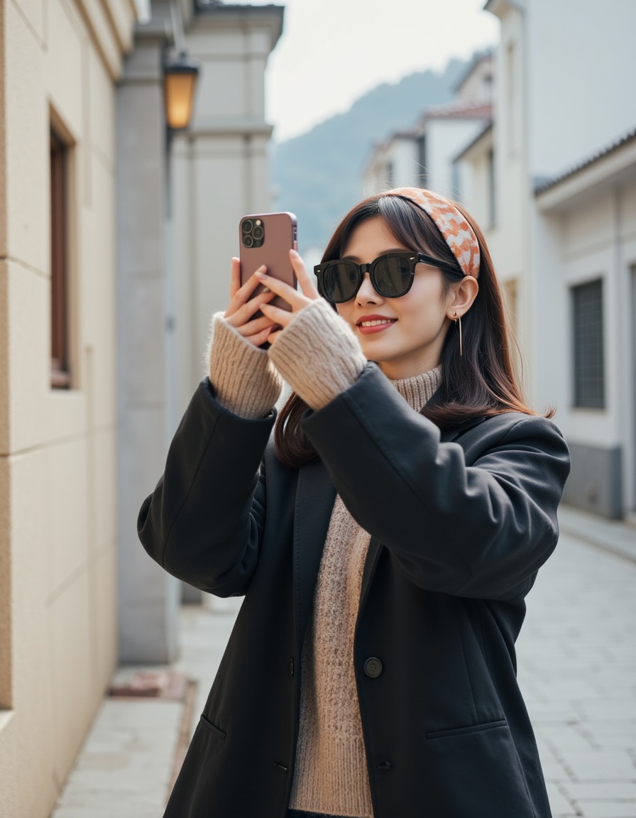 a real picture of a south korea woman,she wears fashionable clothes,taking pictures with an apple phone,