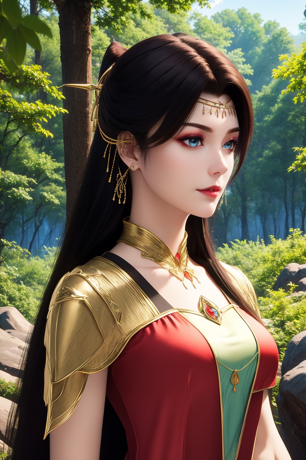 1girl, jewelry, dress, red dress, solo, pointy ears, long hair, earrings, hair ornament, necklace, upper body, breasts, brown hair, black hair, blue eyes, closed mouth, outdoors, red lips, forest, nature, collar, tree, medium breasts, rock, makeup, leaf, looking to the side
