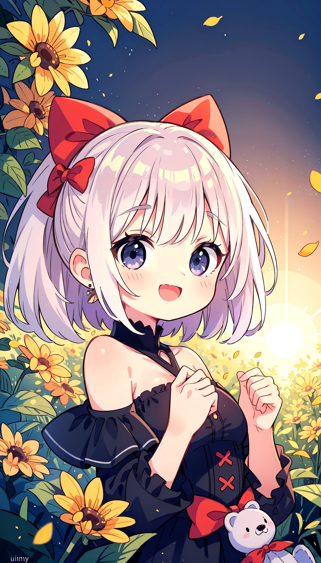 (masterpiece, best quality, ultra-detailed, highres),perfect face,sidelighting,lustrous skin,(bloom),(shine),lighting,ray tracing,outdoor,depth_of_field,very detailed background,highly detailed background,Masterpiece,Ultra detailed,great composition,Dynamic angle,[Bottle bottom],(wide shot),extremely delicate and beautiful,(Highest picture quality),(Master's work),(Detailed eyes description),(Detailed face description),(fantasy),depth of field,solo,Beautiful girl,extreme light and shadow,masterpiece,rich in detail,(fine features),(highest quality),(masterpiece),(beautiful) detailed girl,(straight-on),full body,(flower field:1.1),flower petals falling,(summer:1.2),happy,smile,(extremely detailed CG unity 8k wallpaper),(masterpiece),(best quality),(ultra-detailed),(best illustration),(best shadow),seductive,sunset,sunshine,sun,perfect lighting,perfect anatomy,shy,date,beautiful,twintails,hair bow,earrings,bare shoulders,black dress,corset,detached sleeves,:D,furrowed brow,magic circle,black background,looking at viewer,upper body,hands to hips,holding teddy bear,stuffed animal,((extremely glossy)),((glossy skin)),((soft reflective skin)),((reflections)),wide shot,