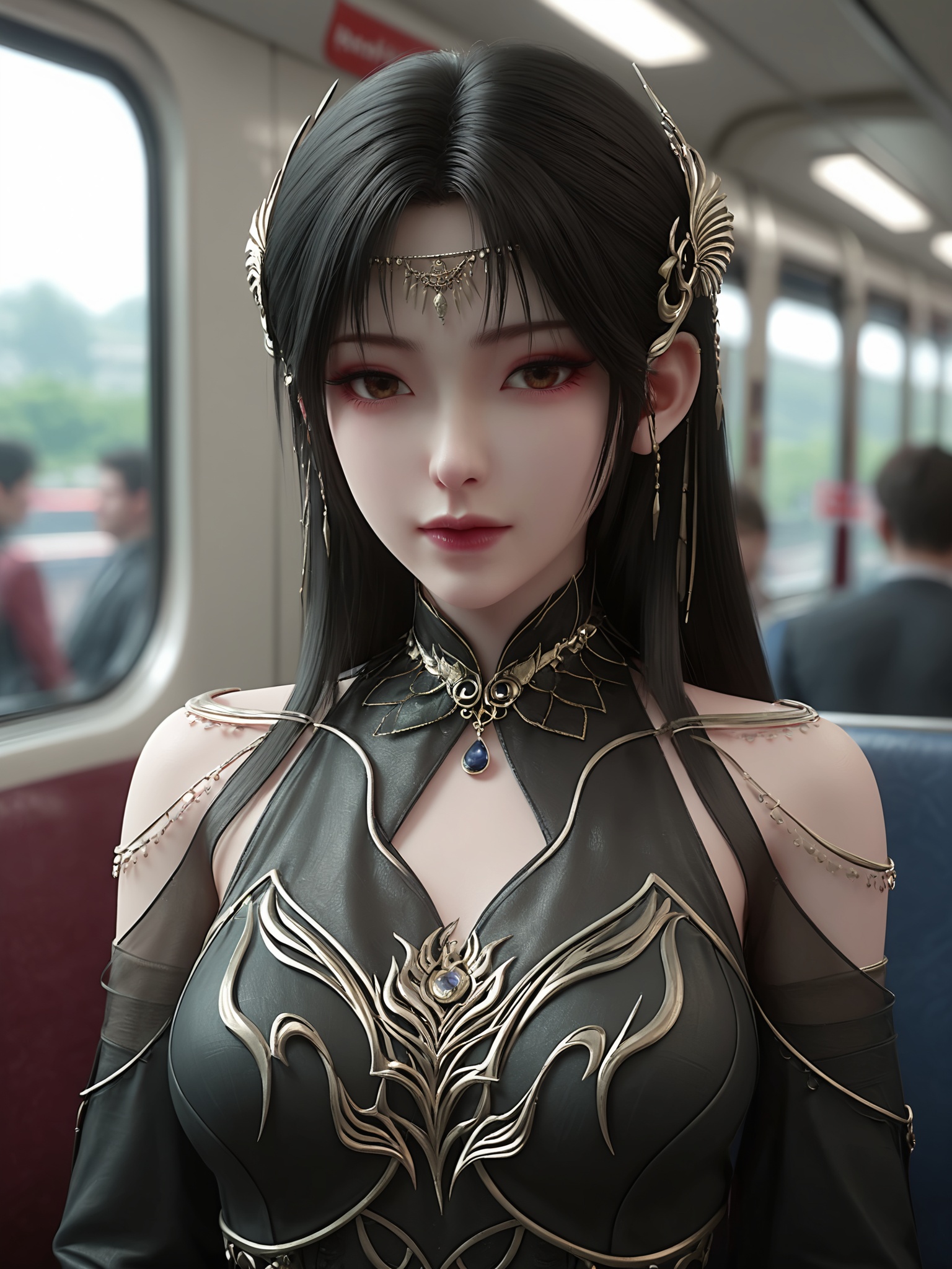 solo,1girl,fsolo focus,(perfect_anatomy:1.1),(upper_body:1.2),(portrait:1.1),sitting,(train_interior:1.1),(blurry_background:1.2),score_9,<lora:灰烬殿主Pony-完美世界:0.7>,1girl,black hair,dark and regal,with intricate,ornate designs on her bodice and sleeves,