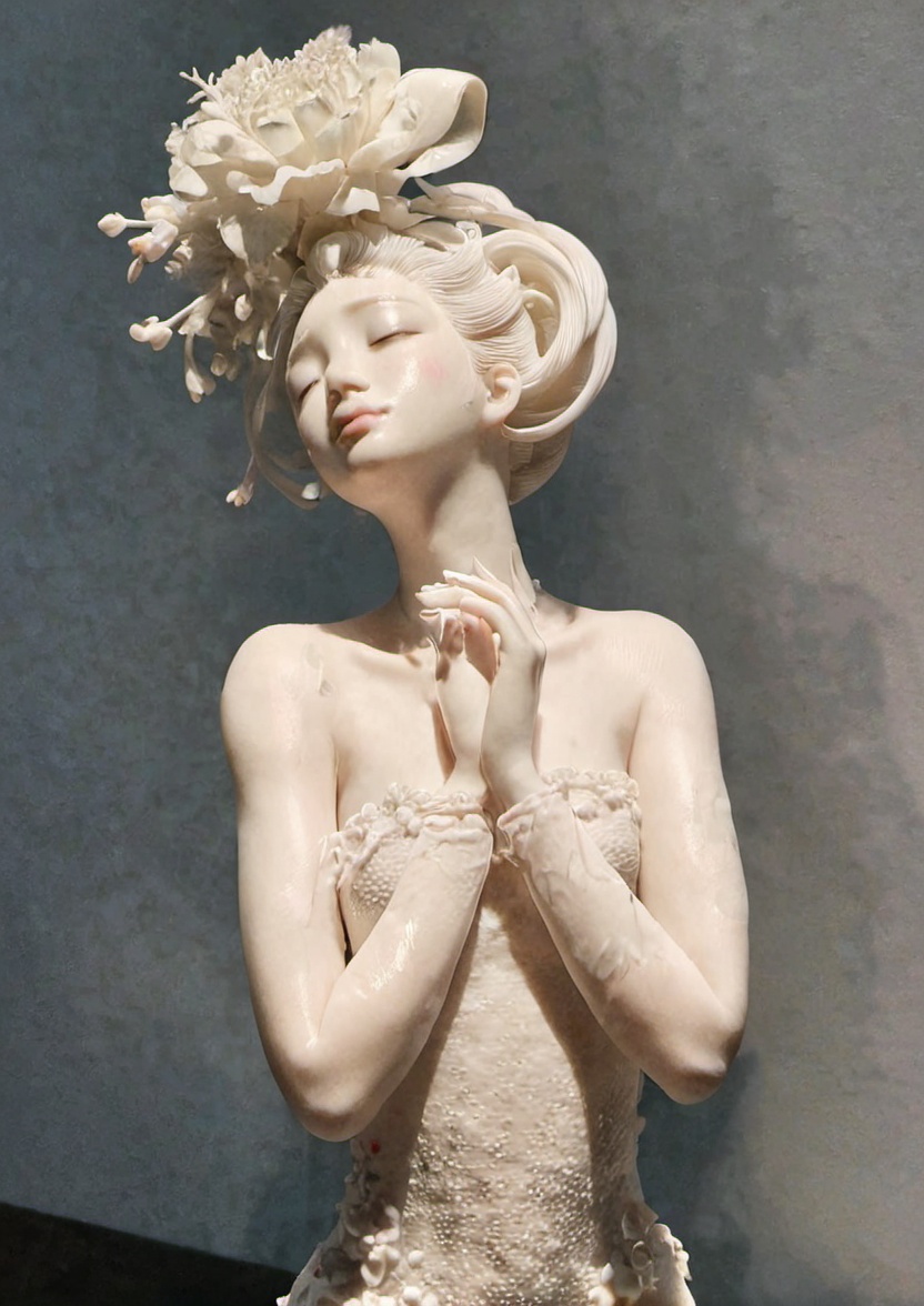 dehuabaici,puregirl<lora:dehuabaiciSDXL-000012:0.85> <lora:puregirl-000007:0.15>1girl, closed eyes, floral print, flower, jewelry, skin made of porcelain, solo, updo,