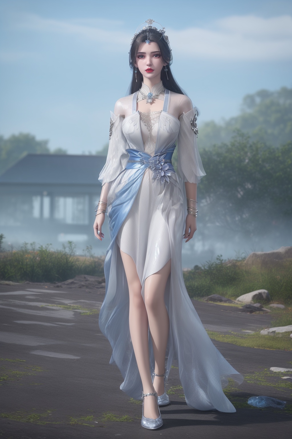 photo_\(medium\),(8k, RAW photo, best_quality),(masterpiece:1.2),(realistic:1.2),(photorealistic:1.3),(ultra-detailed),(extremely_detailed_cg_8k_wallpaper),(crystal_texture_skin:1.3),(shiny:1.2),(shiny_skin:1.4),(extremely_delicate_and_beautiful),shenfengLiMuWanThreeClothing,1girl,solo,torogao,red lips,breasts,large breast,detached sleeves,standing,jewelry,hair ornament,earring,realistic,looking at viewer,<lora:shenfengLiMuWanThreeClothing_20240620203001-000004:0.7>,