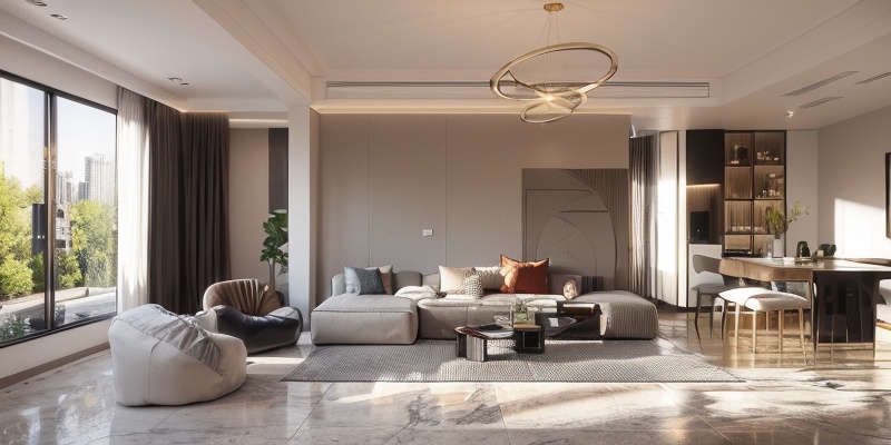 Modern low luxury style, lifelike details, indoor photography, french window, white lace curtains, leather white sofa, gray sofa pillow, gray reflective tile floor, brown carpet, sunshine, black transparent tea table, metal chandelier