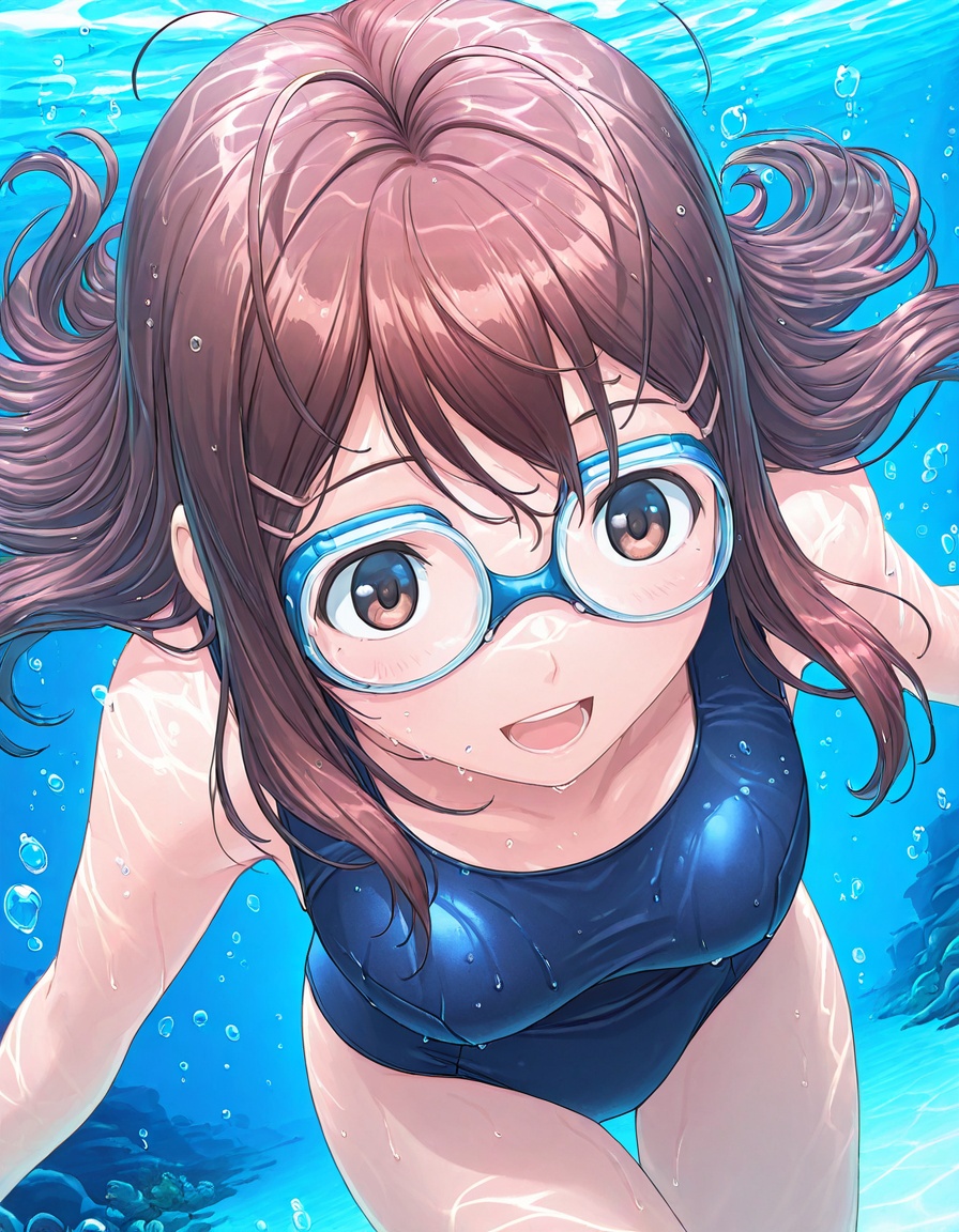 masterpiece, best quality, amazing quality, detailed background,1girl, solo, from above, wet, water splash, goggles on eyes, submerged, open mouth, bubble, happy,<lora:yuumi_hoshino-kimikiss_pure_rouge_s1-ixl-anime-soralz:1>, yuumi hoshino (kimikiss pure rouge), long hair, antenna hair, hairclip, sidelocks, underwater, swimming, one-piece swimsuit, school swimsuit
