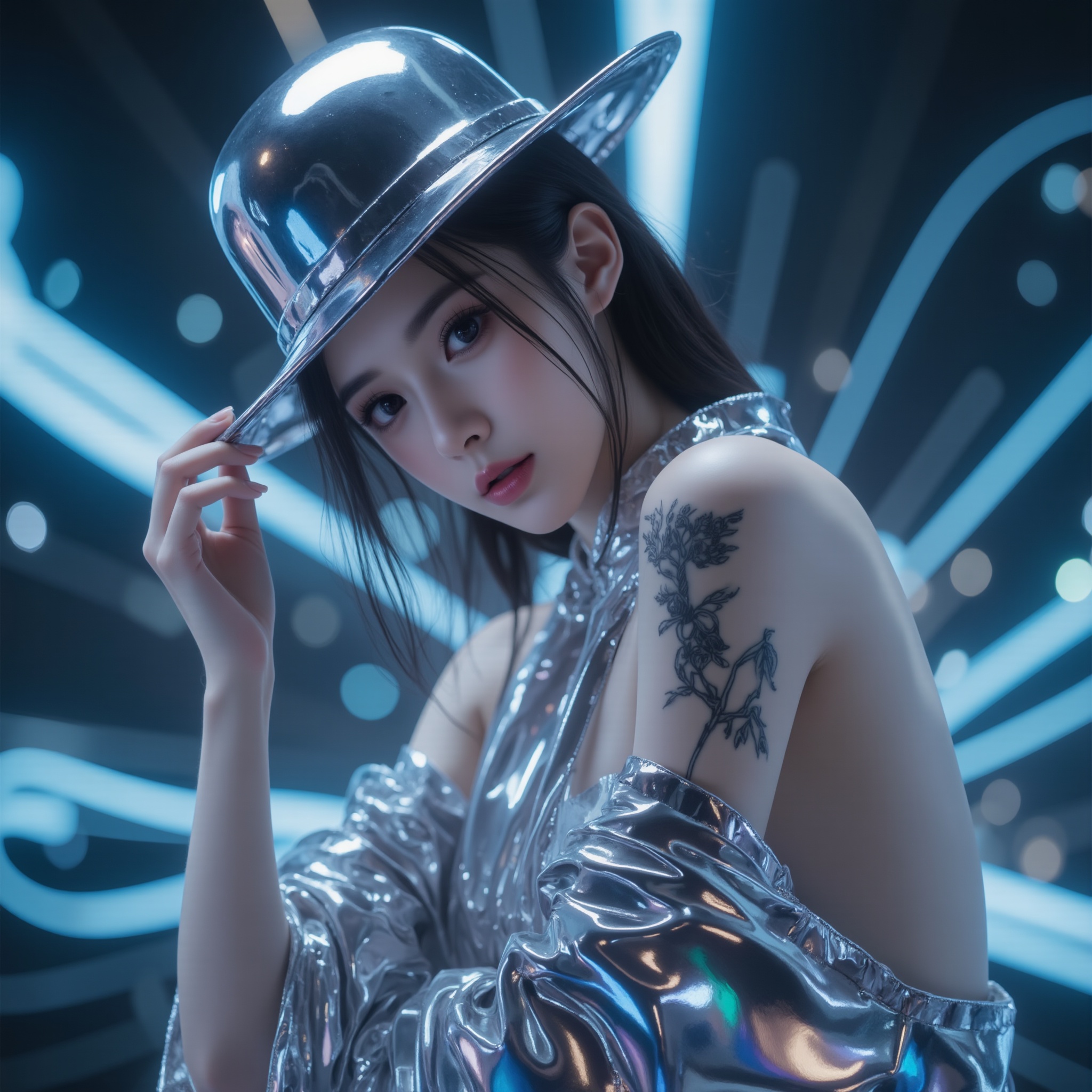 1girl,big breasts,,In a hyper-realistic **ne0nfant4sy** vision, the **chrome-clad figure** leans forward, one foot stepping ahead in a stance of quiet readiness. Their right hand grips the brim of the **chrome silver non la**, revealing just a sliver of their face—sharp, angular features accented by **chrome-plated cheekbones and jawline**, giving them a sleek **mechanical-human hybrid** appearance. The **metallic tassels** flow forward, as if caught in motion, partially obscuring the rest of the face beneath the hat, heightening the character's sense of anonymity. The sleeveless **chrome robe**, glossy and reflective, ripples gently in the air, catching vibrant streaks of **neon blue light** from the glowing backdrop. The intricate, **glowing silver tattoo** on the exposed left arm contrasts against the polished chrome surface, its fine details pulsing with an ethereal glow. The figure radiates readiness, their stance poised for imminent action, embodying a fusion of **futuristic technology** and **traditional elegance**, standing out against the surreal neon landscape.((glow_skin,iridescent skin,oily skin,portrait, Detailed hand, Hand, Perfect hand, in the style of Jed-clrfl, surreal photo, iridescent, aesthetic)) <lora:FLUX-极品超模V3:1.3>