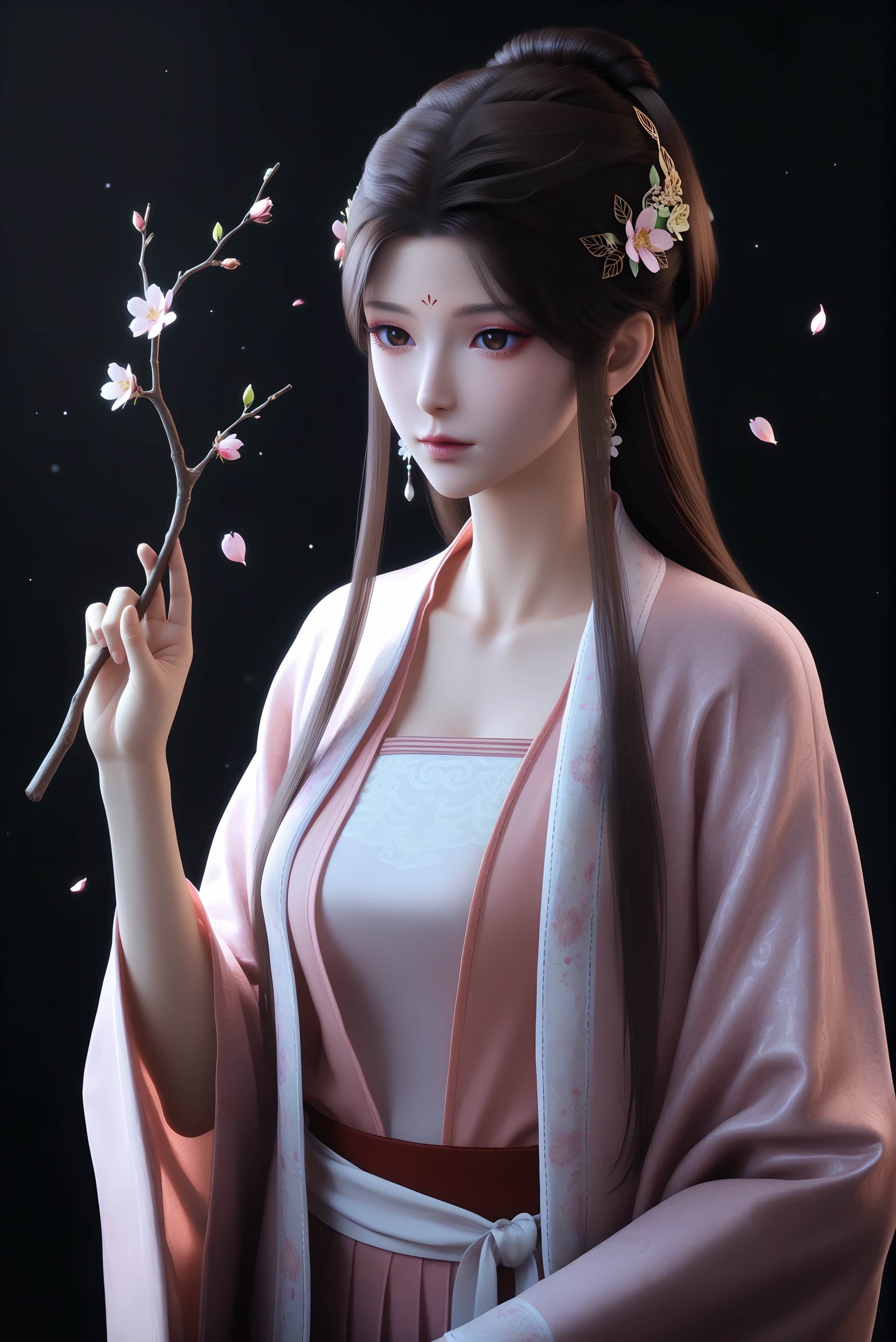 masterpiece,best quality,absurdres,highres,(glamor:1.1),(slender:1.1),skinny,<lora:苏檀儿-ill-000009:0.85>,1girl,solo,flower hair accessory,hair flower,hair ornament,long hair,half-up bun,dark brown hair,jewelry,earrings,forehead mark,brown eyes,pupils,dilated_pupils,brown_pupils,silk robe,pink robe,layered outfit,beizi,ru top,waist sash,pink,collarbone,large breasts,looking at viewer,(front view),(ok_sign),BREAK(white_skin:1.1),(fair_skin:1.1),realistic,twig,branch,falling petals,simple background,black background,rim light,Volumetric Lighting,lens flare,Tyndall effect,depth of field,bokeh,sparkle,