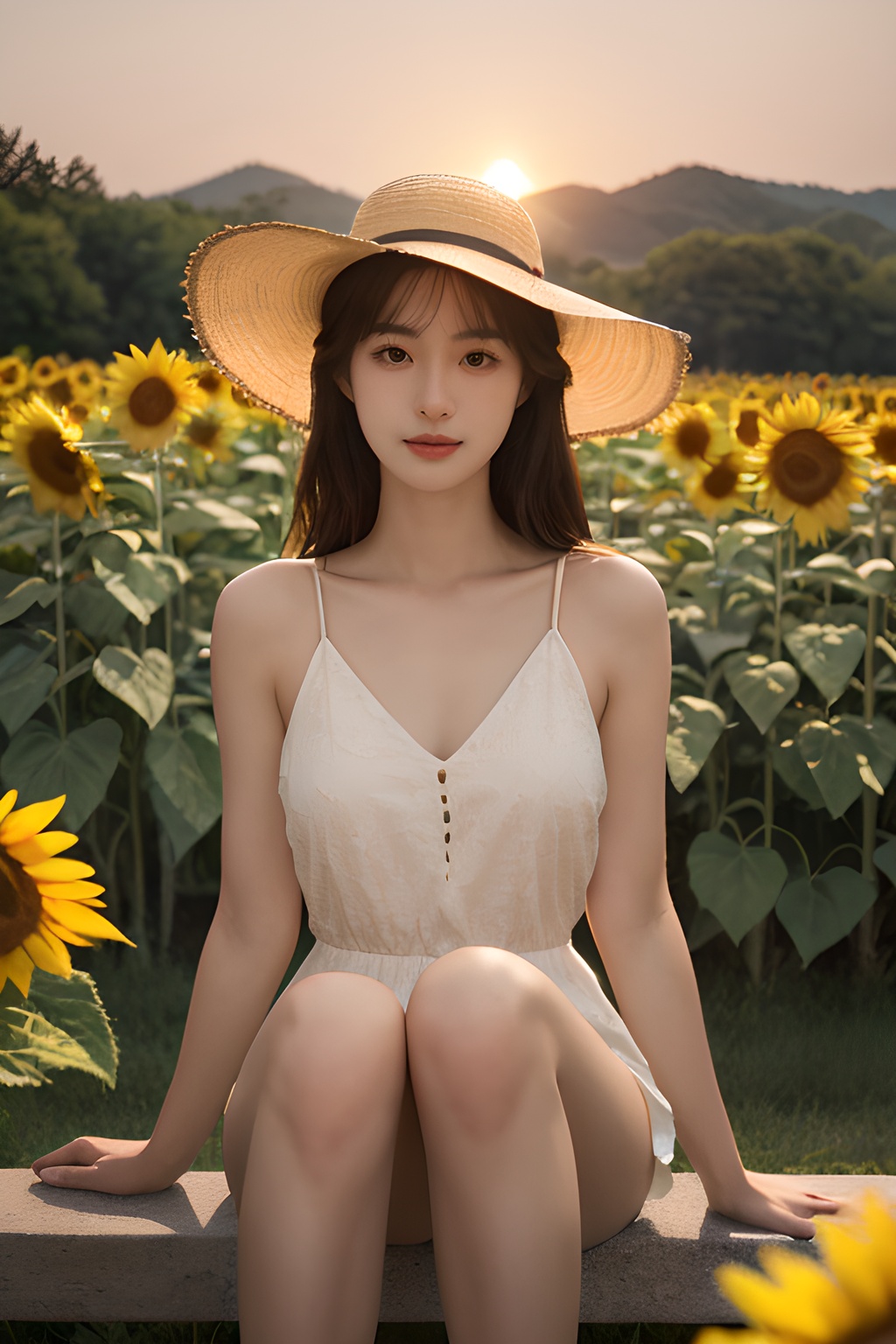 <lora:0813_02:0.7>,a girl with a sun hat, sitting in a field of sunflowers, bathed in the golden glow of sunset, warm hues, peaceful ambiance, natural beauty.korean girl,black hair,, 1girl,realistic,masterpiece, best quality, photorealistic, HDR,detail