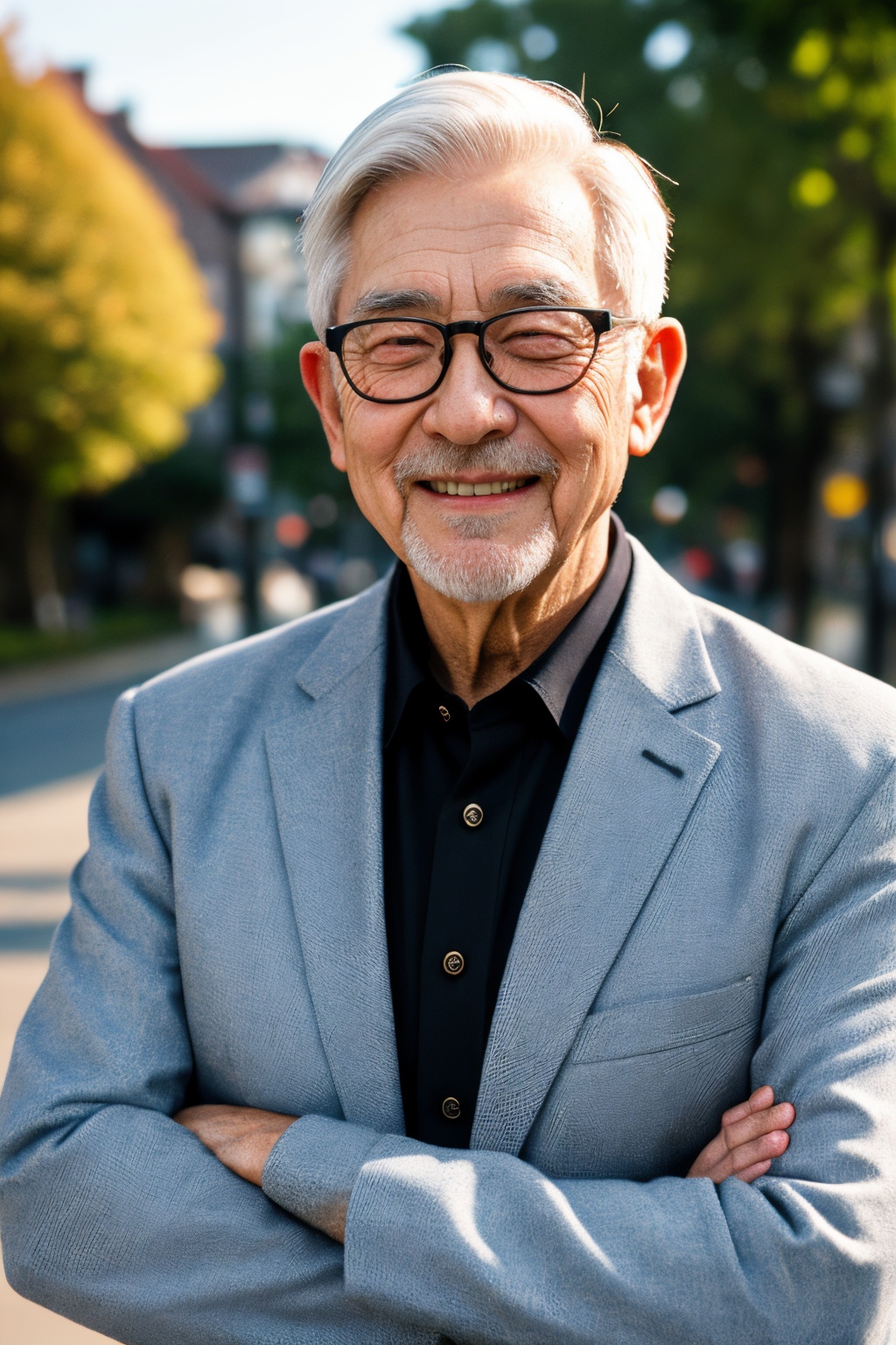 1boy, male focus, old, solo, glasses, old man, facial hair, tree, outdoors, beard, realistic, white hair, upper body, crossed arms, closed eyes, jacket, shirt, black jacket, open mouth, long sleeves, facing viewer, black-framed eyewear, collared shirt, day, smile, black shirt, short hair, blurry, looking at viewer, wrinkled skin, teeth
