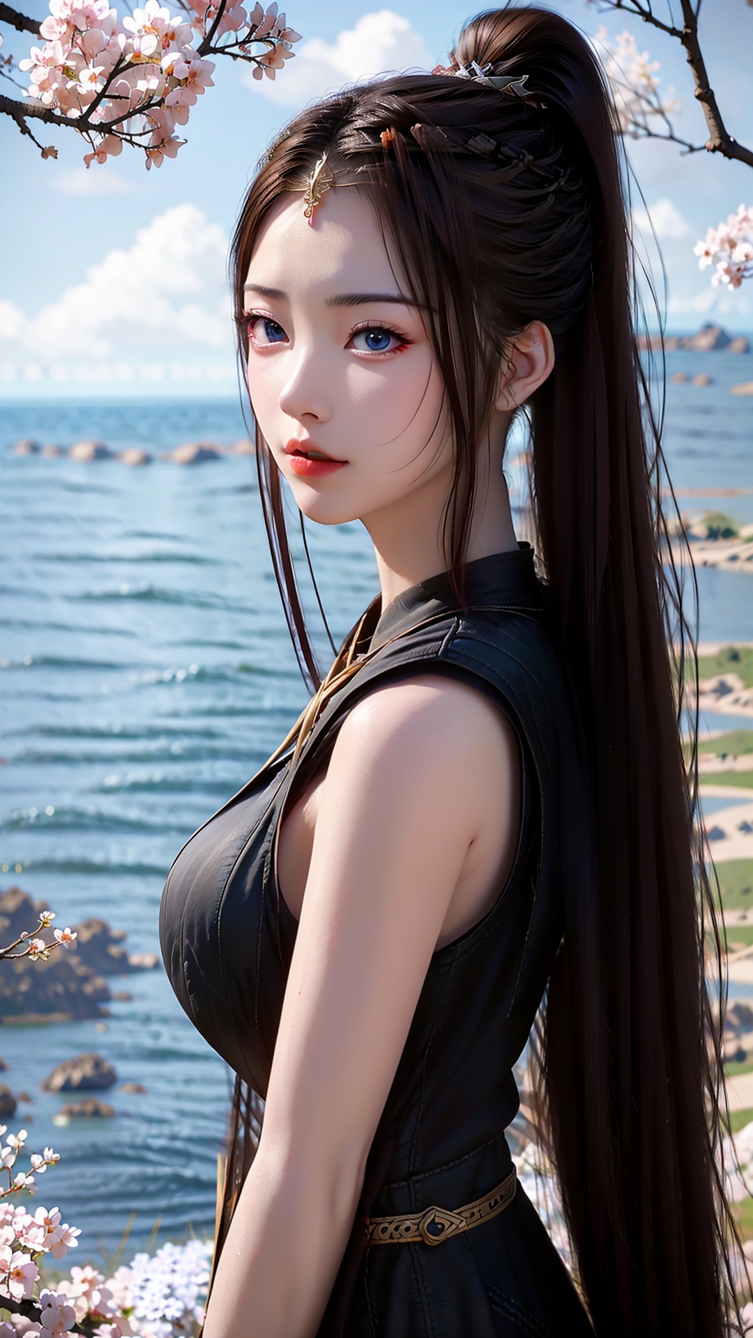 1girl, solo, long hair, hair ornament, sky, outdoors, blue sky, upper body, brown hair, day, water, blue eyes, dress, black hair, chinese clothes, ocean, ponytail, expressionless, looking to the side,<lora:粉色妆容强度调节滤镜:0.5>,huge filesize,reservoir,<lora:girl solo yuanyao_20240908025103:0.8>,