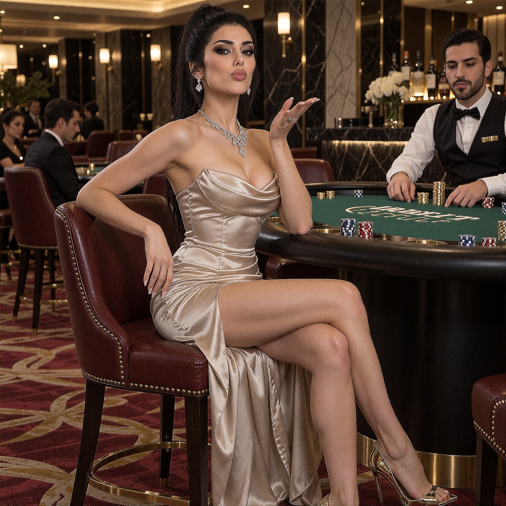 Brat3,  a woman with black hairsitting at a high-stakes poker table in a private lounge,  blowing a kiss to the dealer on...