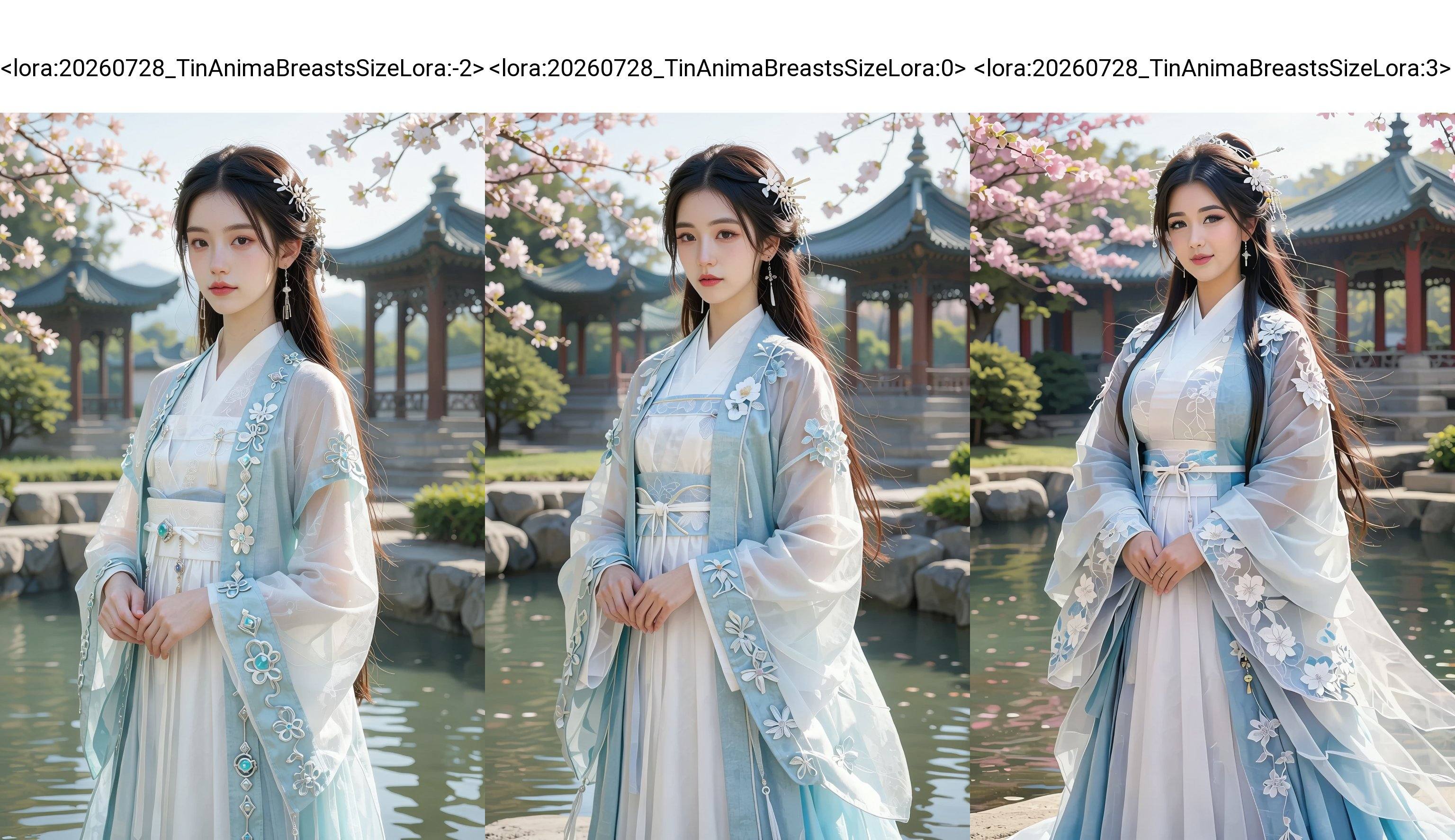 A young Asian woman,  estimated age early twenties,  gracefully stands near a serene water feature on Tensor.Art