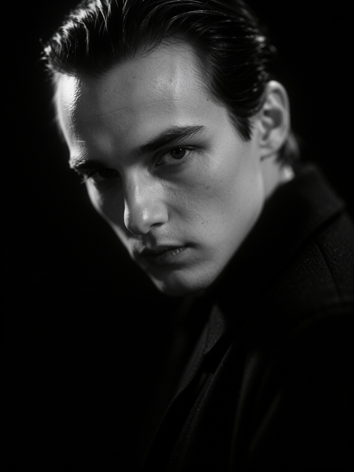 A stark black-and-white close-up portrait captures a pale man glancing over his right shoulder against a deep shadowed bac...