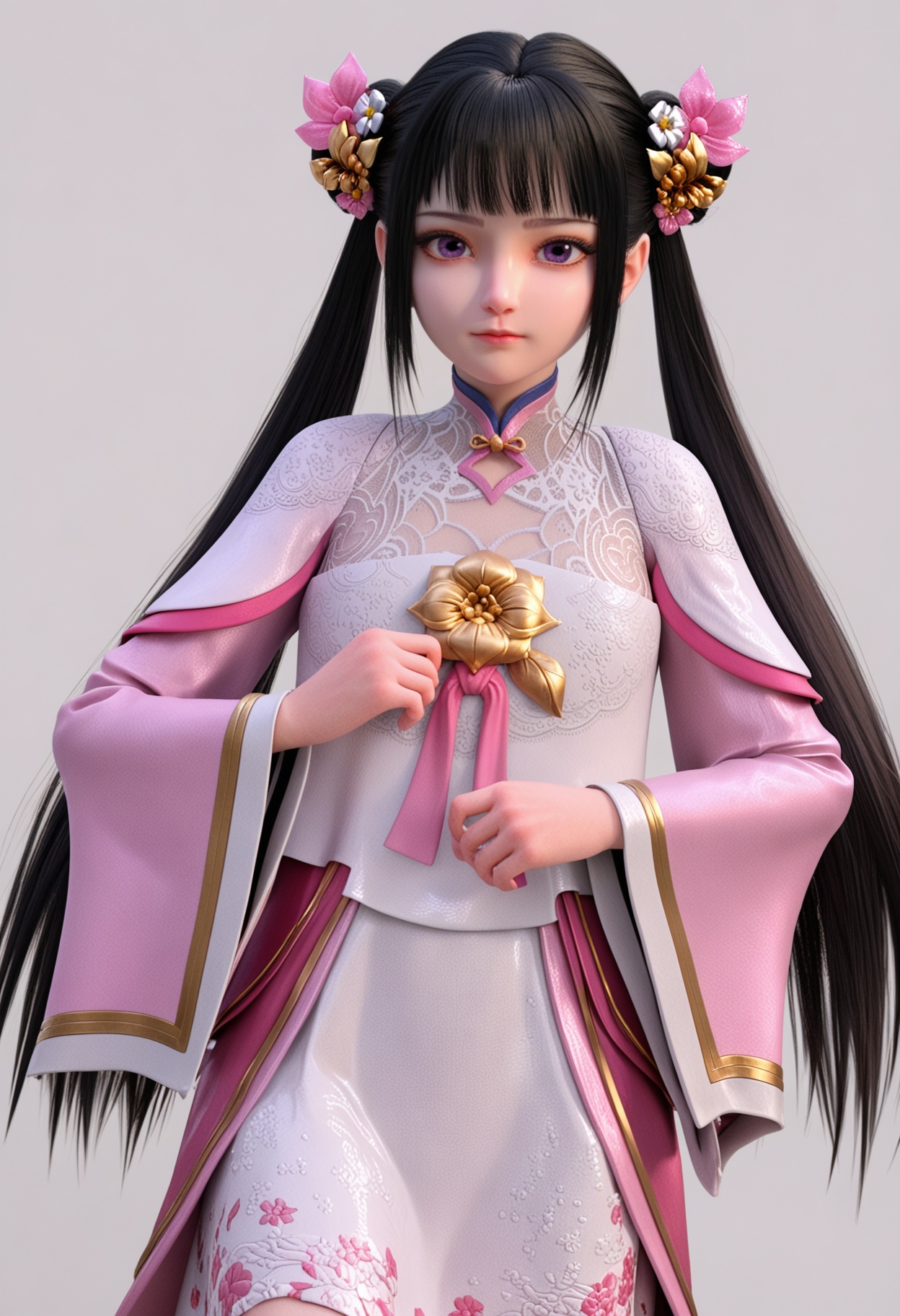 score_9,high detail,best quality,shiny skin,shiny,xiyan,1girl,solo,purple eyes,black hair,long hair,twintails,chinese clothes,hair ornament,white background,dress,flower,realistic,double bun,long sleeves,simple background,closed mouth,blunt bangs,sidelocks,pink dress,looking at viewer,thighs,<lora:QQSponyxiyanV1:0.8>,<lora:Pony_DetailV2.0:0.8>,<lora:皮肤凹痕:0.1>,