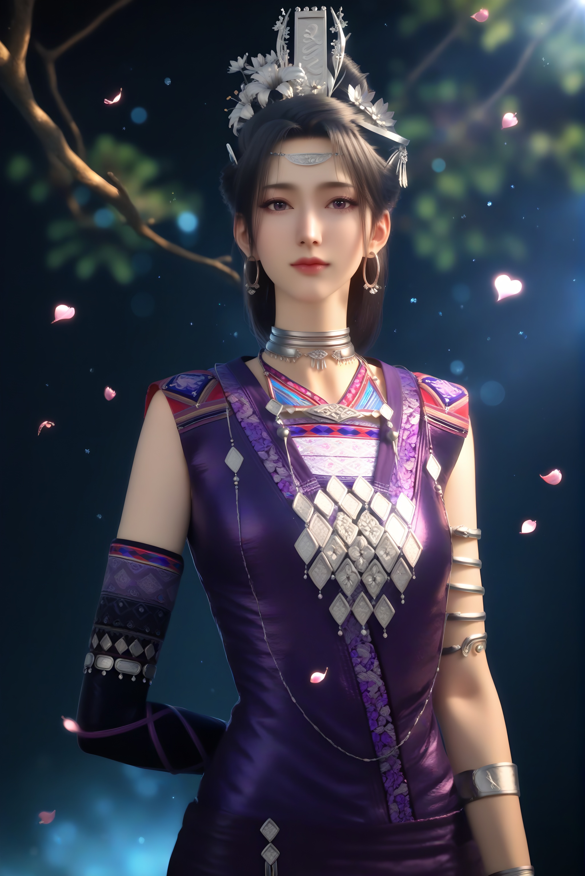 (score_9),(glamor:1.1),narrow waist,<lora:紫萱-pony-000009:0.85>,1girl,solo,long hair,black hair,hair ornament,jewelry,hoop earrings,circle,hair flower,tiara,zixuan,choker,silver choker,necklace,purple dress,elbow gloves,armlet,bracelet,single elbow gloves,collarbone,heart,spoken heart,(arms behind back), looking at viewer,(front view),cowboy shot,BREAK<lora:皮肤凹痕:1>,(white_skin:1.1),(fair_skin:1.1),realistic,twig,branch,falling petals,simple background,black background,rim light,Volumetric Lighting,lens flare,Tyndall effect,depth of field,bokeh,sparkle,<lora:e色温:-0.6>,<lora:SDS-XL泛光调节器_v1.0:1.2>,