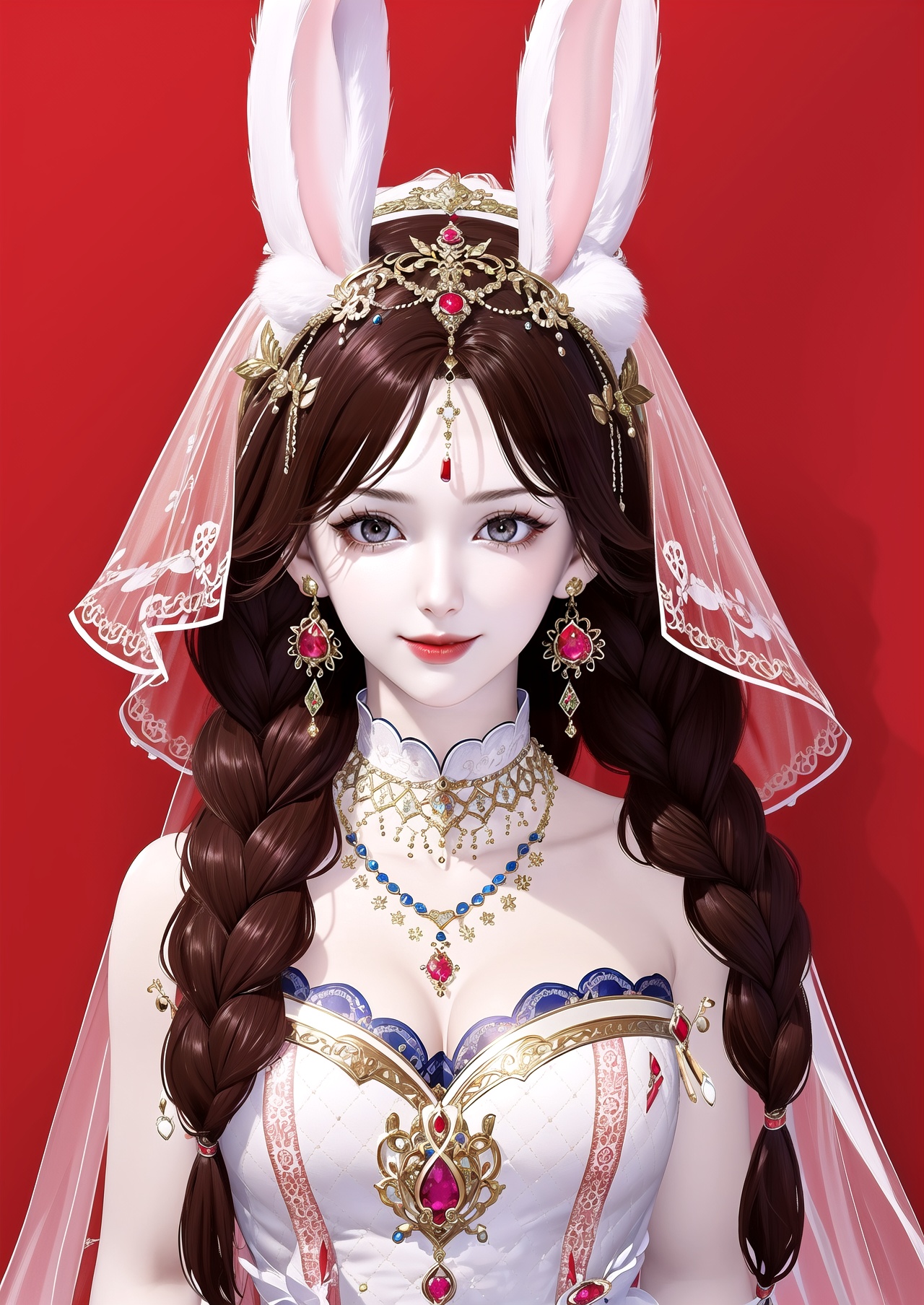 masterpiece,best quality,1girl,jewelry,solo,ring,rabbit ears,animal ears,gem,braid,long hair,earrings,bracelet,hair ornament,upper body,smile,black hair,looking at viewer,veil,brown hair,single braid,dress,red background,lips,closed mouth,