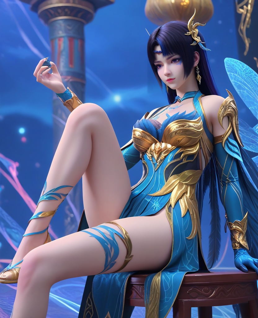(oriental architecture, elegant decor, sophisticated style:1.1),Sitting, on a stool with one leg raised,,(breasts:1.2),<lora:XL16大主宰九幽:0.95>,miss jiuyou,armor,boobplate,purple eyes,braid circlet,makeup,black hair,blue streaked hair,long hair,hair ornament,sternum tattoo,rerebrace,left hand single glove with blue,blue wings cape,blue lower leg decoration, blue overskirt, zPDXL2, score_9, score_8_up, score_7_up BREAK realistic, masterpiece,best quality, highly detailed,, zPDXL3, zPDXL2,zPDXL, zPDXLxxx, zPDXLrl,