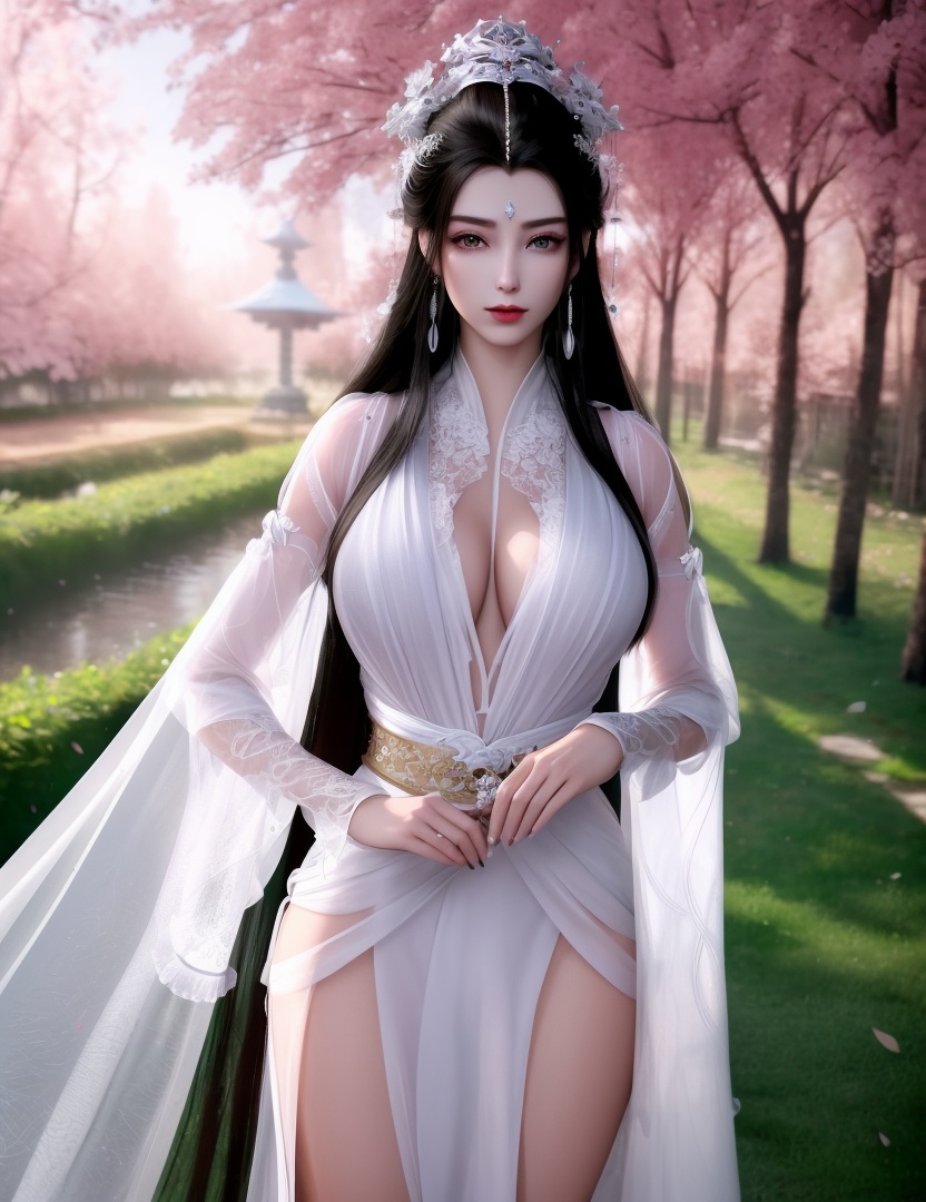 ultra realistic 8k cg, picture-perfect face, flawless, clean, masterpiece, professional artwork, famous artwork, cinematic lighting, cinematic bloom, perfect face, beautiful face, beautiful eyes, ((perfect female body, narrow waist)),fantasy, dreamlike, unreal, science fiction, huge breasts, beautiful clothes, lace, lace trim, lace-trimmed legwear, absurdly long hair, very long hair, (rich:1.4), prestige, luxury, jewelry, diamond, gold, pearl, gem, sapphire, ruby, emerald, intricate detail, delicate pattern, charming, alluring, seductive, erotic, enchanting, hair ornament, necklace, earrings, bracelet, armlet,(((((1girl, pov, outdoors,  absurdres, highres, ))))) , (1girl, fur trim, ,depth_of_field, solo, fur_collar, earrings, see-through, looking_at_viewer, hanfu)<lora:DA_YueYao:0.7>