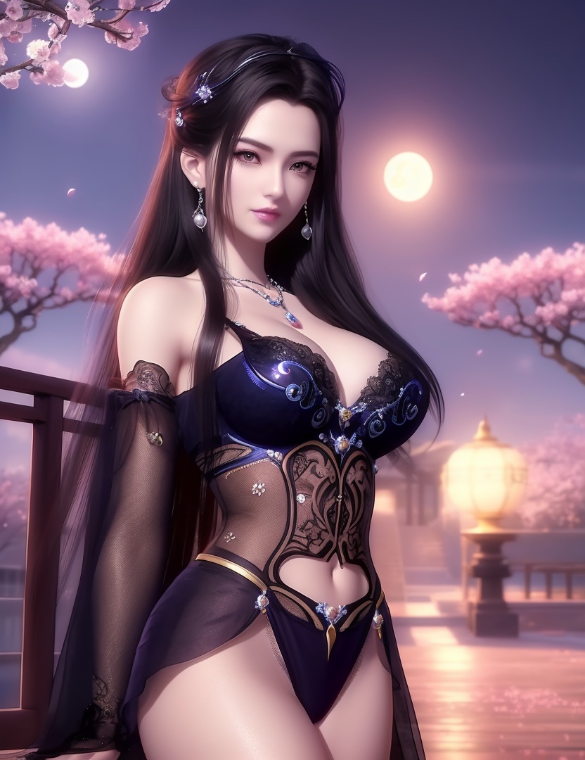 ultra realistic 8k cg, picture-perfect face, flawless, clean, masterpiece, professional artwork, famous artwork, cinematic lighting, cinematic bloom, perfect face, beautiful face, fantasy, dreamlike, unreal, science fiction,  beautiful clothes, lace, lace trim, lace-trimmed legwear,  (rich:1.4), prestige, luxury, jewelry, diamond, gold, pearl, gem, sapphire, ruby, emerald, intricate detail, delicate pattern, charming, alluring, seductive, erotic, enchanting, hair ornament, necklace, earrings, bracelet, armlet,halo((,1girl, pov,))(((,, 1girl, solo, moon, breasts, outdoors,cherry blossoms, cleavage, black_hair, hair_ornament, long_hair, jewelry,looking at viewer, ))) <lora:DA_CaoNvYao:0.6>