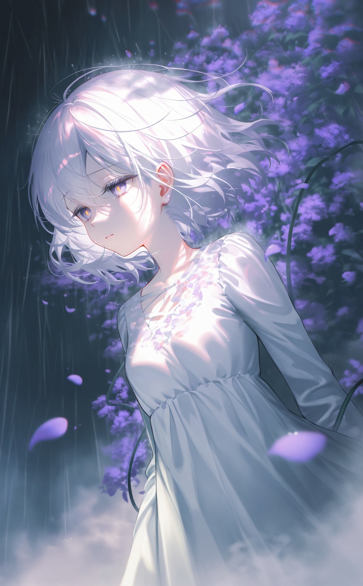 masterpiece,absurdres,best quality,((petite)),loli,high quality,chromatic_aberration,shiny_skin,//,,  (colorful),loli, white background, Dundar effect, a lot of purple vines, vines covering half of the painting, delicate plant details, a girl, girl, petite girl, long white hair, golden pupils, white dress, bare feet, side, side, upper body, head up, sad eyes, rain, light, figure light, petals, purple filter, left, fog, dream, unreal, Blur, float light, //, (chen bin:0.5),konya666,(hiten \(hitenkei\):0.4),(rimuu:0.5),(mignon:0.5),(sheya:0.6),[iumu], //, official art,depth of field,detailed light,blurry background,best shadow,shiny skin,cinematic lighting,ray tracing, amazing quality,very aesthetic,absurdres,beast quality,ultra detailed,newest,8K,HDR,