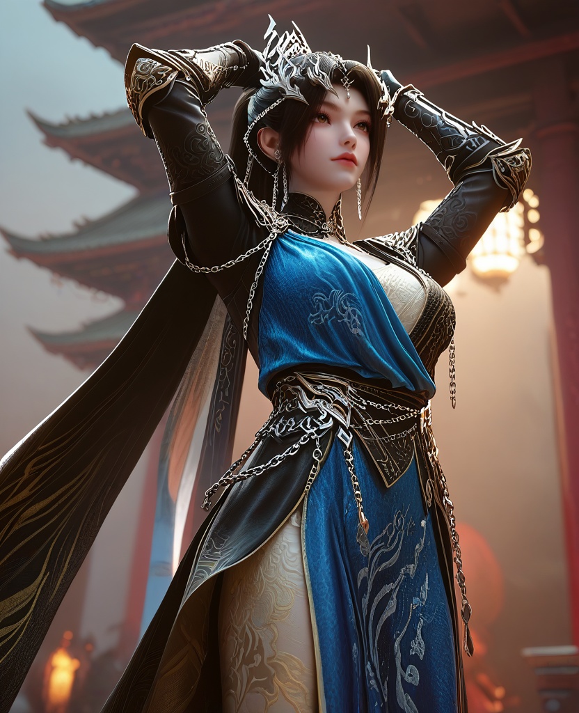 (oriental architecture, elegant decor, sophisticated style:1.1),(Legs parted, arms up,:1.1),From below, looking straight up at the subject,(large breasts:1.2),<lora:XL16云深不知梦羲和融合玄凤:0.95>,miss xihe,black wrap coat with blue overdress,shoulder armor,brown eyes,black hair,very long hair,ponytail,hair ornament,jewelry,chain ornament,gauntlets,sash,blue to white ombre base skirt,cape,, score_9,score_8_up,score_7_up,score_6_up,score_5_up,score_4_up,3d rendering,tag1,tag2, Cinematic Lighting,backlighting,
