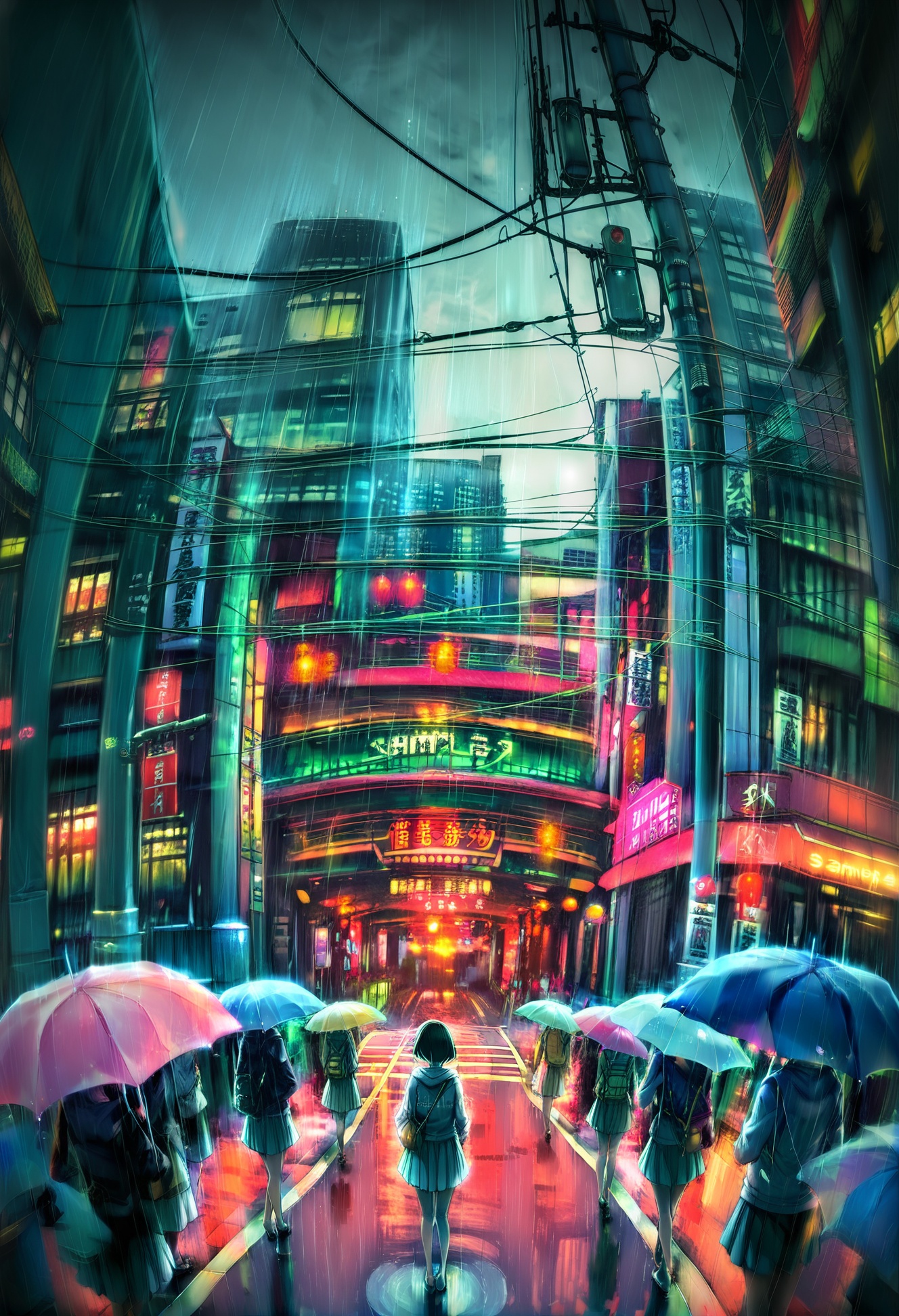 masterpiece, best quality,1girl,   umbrella, city, scenery, road, outdoors, rain, building, street, skirt, sky, power lines, solo, standing, car, black hair, hood, bag, motor vehicle, cityscape, hoodie, parasol, backpack, night, short hair, grey sky, long skirt, dark, watermark, looking away, black eyes, glowing, sample watermark <lora:YuuXLlokr8f-000186:0.95>