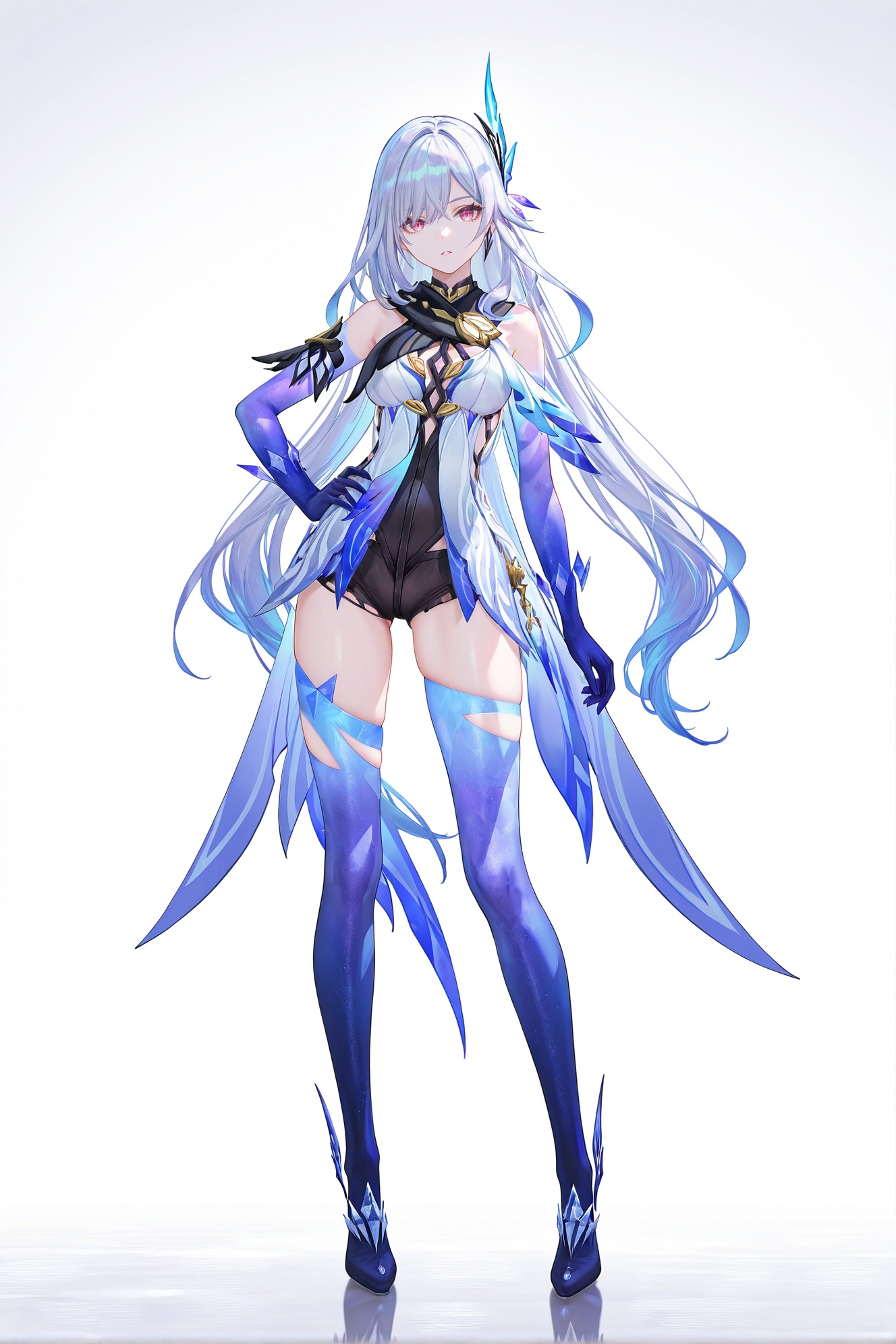 8k,best quality,masterpiece,(ultra-detailed),(high detailed skin),((artist:reoen),(artist:fuzichoco),(artist:atdan),(artist:torino_aqua),year 2024:0.8)1girl,[artist:wlop],[artist:ningen_mame],artist:ciloranko,[[artist:rhasta]],artist:tidsean,colorful,full body,full shot,standing,looking at viewer,(solo:1.2),simple background,(white background:1.2),hand on own hip,(white background:1.1),<lora:sikk-ill-Tanger-000014:0.8>,Skirk (genshin impact),clothes: Skirk def halter bodysuit,Skirk hair ornament,1girl,breasts,long hair,thighhighs,gloves,bangs,