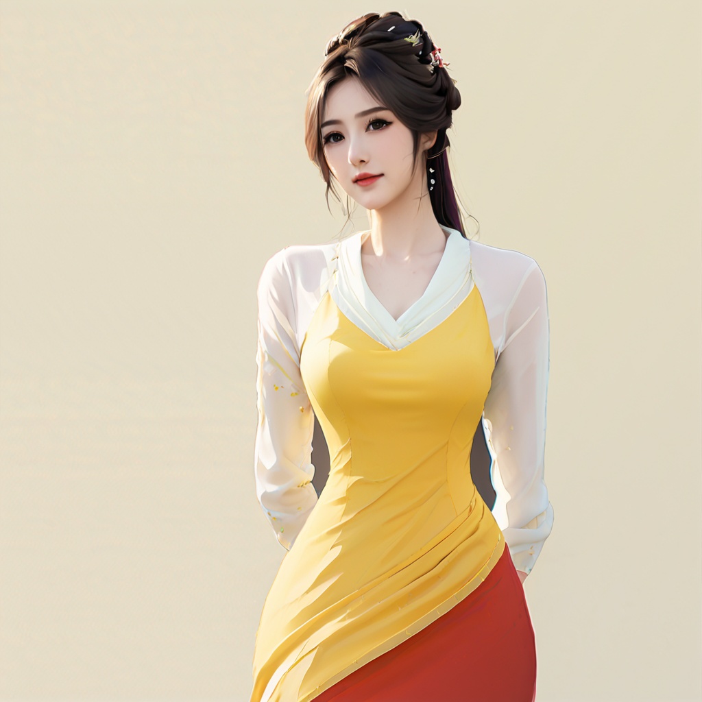 gufengstyle,best quality,masterpiece,colorful,dynamic angle,highest detailed,,<lora:Nhanfu:1>,yellow white dress,(clean background:1.3),v-neck,red,fishtail skirt,<lora:gufengstyleSDXL-000016:1>