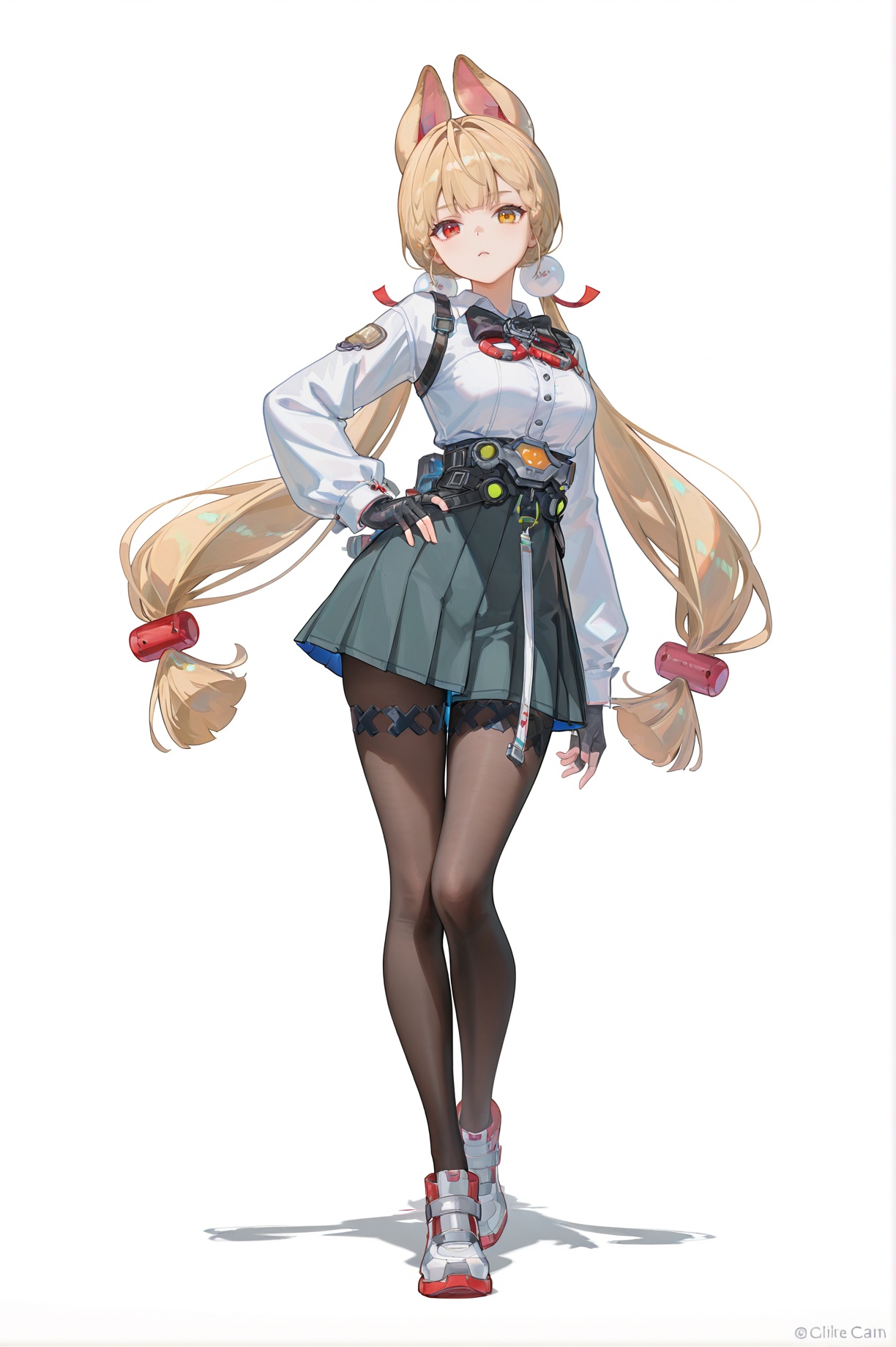 8k,best quality,masterpiece,(ultra-detailed),(high detailed skin),((artist:reoen),(artist:fuzichoco),(artist:atdan),(artist:torino_aqua),year 2024:0.8)1girl,[artist:wlop],[artist:ningen_mame],artist:ciloranko,[[artist:rhasta]],artist:tidsean,colorful,jijia,2d,ambient light,full body,full shot,standing,looking at viewer,(solo:1.2),simple background,(white background:1.2),hand on own hip,(white background:1.1),<lora:fuaizzz-ill-Tanger:0.8>,Alice Thymefield (Zenless Zone Zero),clothes: Alicedef clothes,heterochromiam,red eye,yellow eye,Alicedef white shirt,1girl,solo,pantyhose,long hair,Alice animal ears,blonde hair,heterochromia,Alicedef black skirt,twintails,breasts,gloves,black pantyhose,bow,