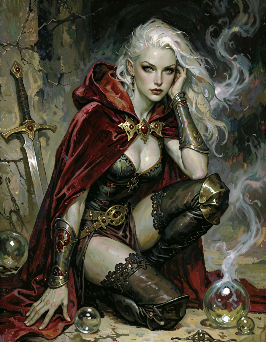 A cinematic masterpiece rendered in the bold,  mythic style of Boris Vallejo and Frank Frazetta,  this image captures a se...