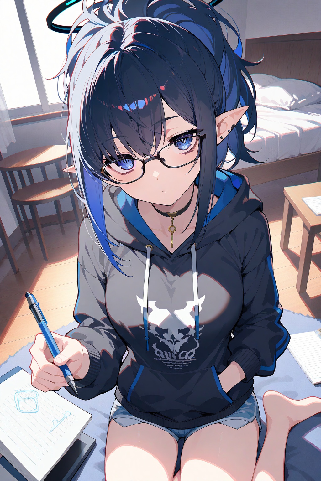 crisp,key999,gwwj,ka ra ra ge tsu ne,Mika Pikazo,ezu,masterpiece,best quality,very aesthetic,1girl,extremely delicate and beautiful,Noise and grain,huge filesize,amazing quality,foreshortening,streaked hair,blue eyes,bored,stylish_pose,hair_up,black-framed_eyewear,hoodie,collarbonea,bedroom,elf,blue and black hair,micro_shorts,black_choker,bags under eyes,looking_at_viewer,high ponytail,mole under eye,dim,black color vibe,illustration,Mezzotint,mature_female,elf ears,mechanical_halo,blue and black theme,colorful,chromatic_aberration,stud_earrings,notebook,table,chair,black top,dutch angle,holding_paper,cowboy_shot,yokozuwari,from_above,hand_in_pocket,indian_style,