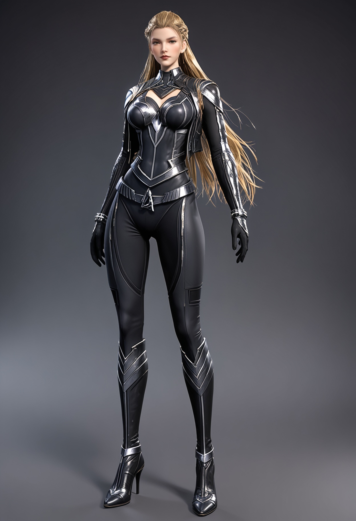 (full_body:1.1),(looking_at_viewer:1.2),(gigantic breasts:0.6),(slender:1.2),facing viewer,<lora:YQ_pony_raoyao_richangfuzhuang_V4:0.8>,q1528437228,1girl,solo,long hair,armor,brown hair,bodysuit,brown eyes,gloves,blonde hair,braid,mole under eye,black bodysuit,boots,grey hair,black hair,jewelry,black gloves,blue eyes,bracelet,belt,green eyes,high heels,(simple background,pure black background,black background:1.1),perfect_anatomy,