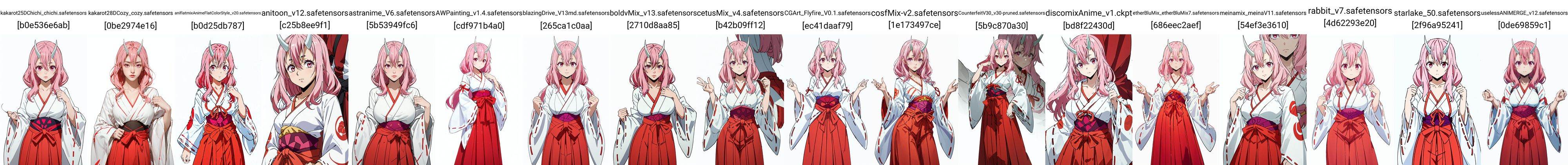 1girl,looking at viewer,solo,oni,horns,pink hair,long hair,hair between eyes,red eyes,pink eyes,miko,japanese clothes,red hakama,ribbon trim,ribbon-trimmed sleeves,hakama,white kimono,skirt,kimono,collarbone,wide sleeves,long sleeves,hakama skirt,red ribbon,breasts,ribbon,<lora:Shuna:0.8>,Shuna_CYQL,full_shot,beautiful face,beautiful eyes,glossy skin,shiny skin,white background,simple background,posing in front,masterpiece,best quality,beautiful and aesthetic,contrapposto,female focus,wallpaper,fashion,