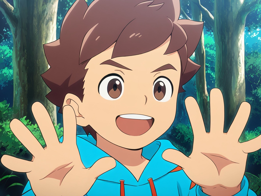 <lora:MHS_Lute_XL:1>,monster hunter \(series\),monster hunter costume,blue loungewear,do not split pictures,best quality,best detail,masterpiece,NSFW,male focus,forest,solo,1boy,male_child,petite,brown hair,brown eyes,short hair,(long eyebrows:0.8),happy,perfect hands,(5fingers:1.3),correct anatomy,huge filesize,available light,full_shot,